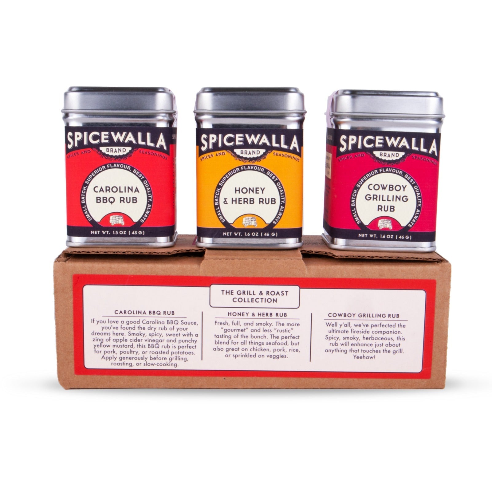 Three Spicewalla spice containers on a cardboard stand with labels.