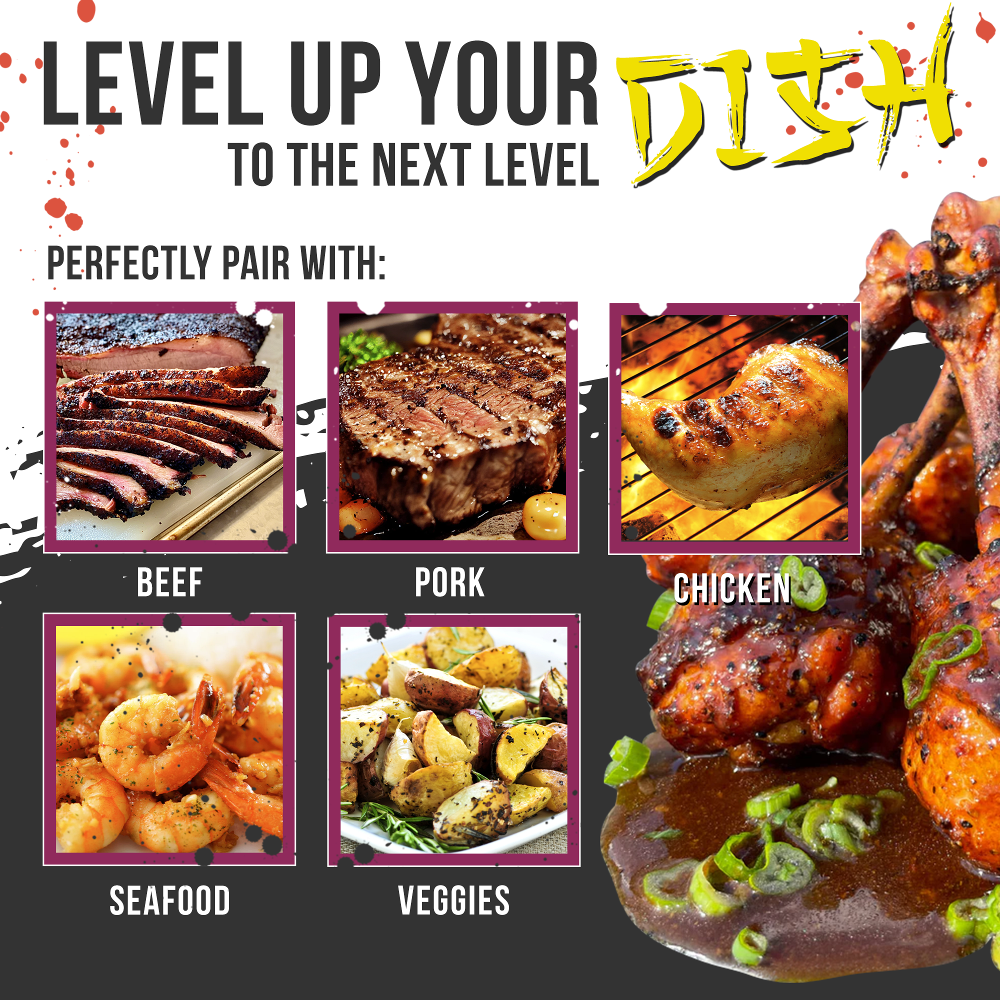Promotional graphic for food pairing with text 'Level Up Your Dish' and images of different meats and vegetables.