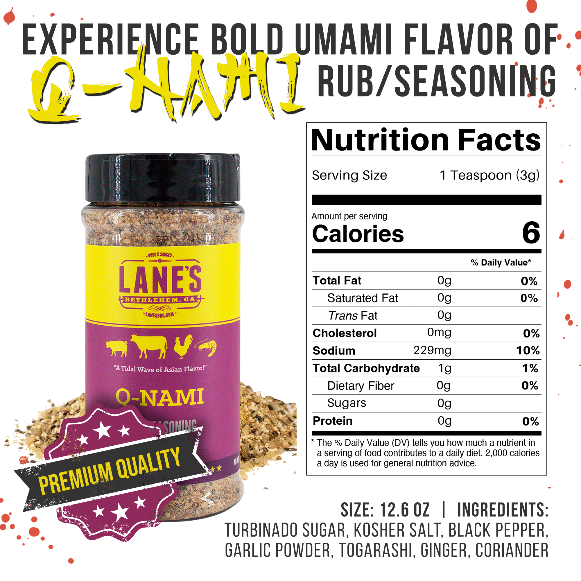 Lane's O-Nami seasoning jar with nutrition facts on a white background
