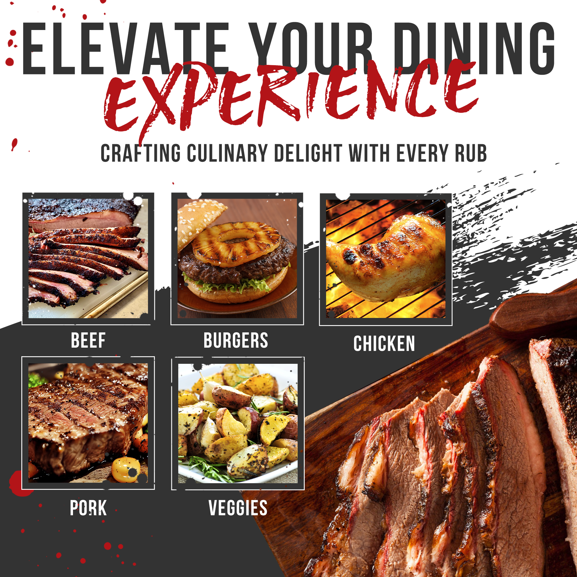 Advertisement for culinary services with images of grilled meats and text about elevating dining experience.