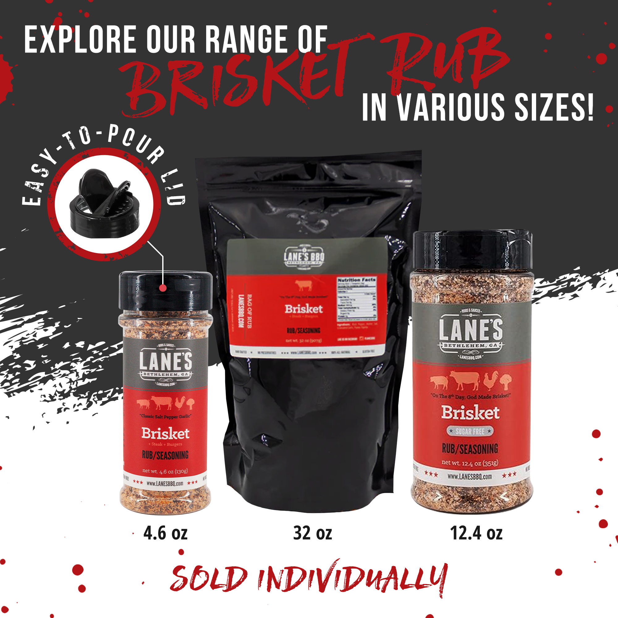 Promotional image of Lane's Brisket Rub with various packaging sizes on a dark background.