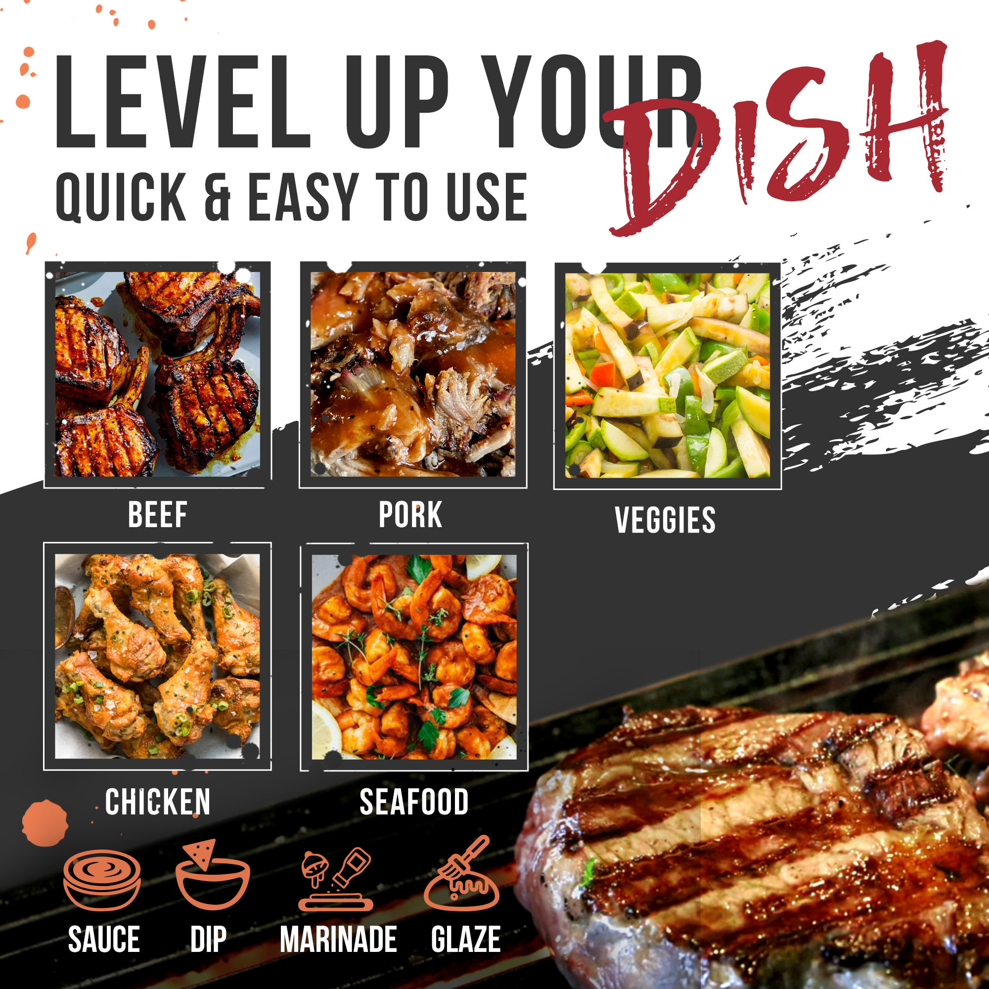Promotional graphic for a cooking brand with images of cooked foods and text encouraging users to 'Level Up Your Dish'.