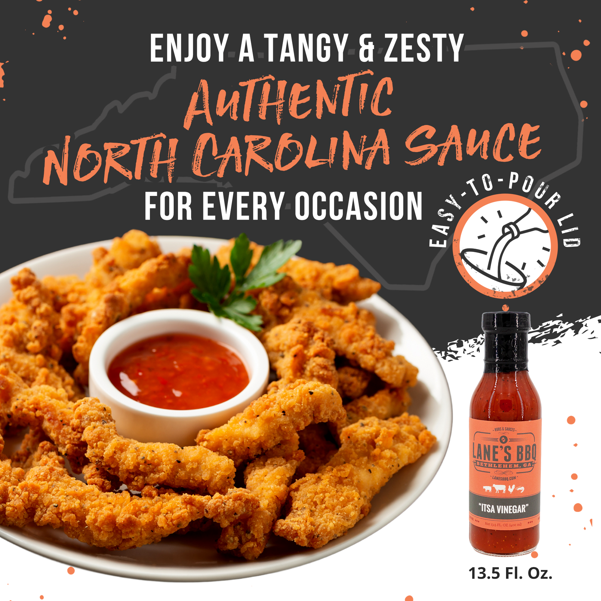Fried chicken strips with a dipping sauce on a plate, featuring a bottle of Lane's BBQ sauce.