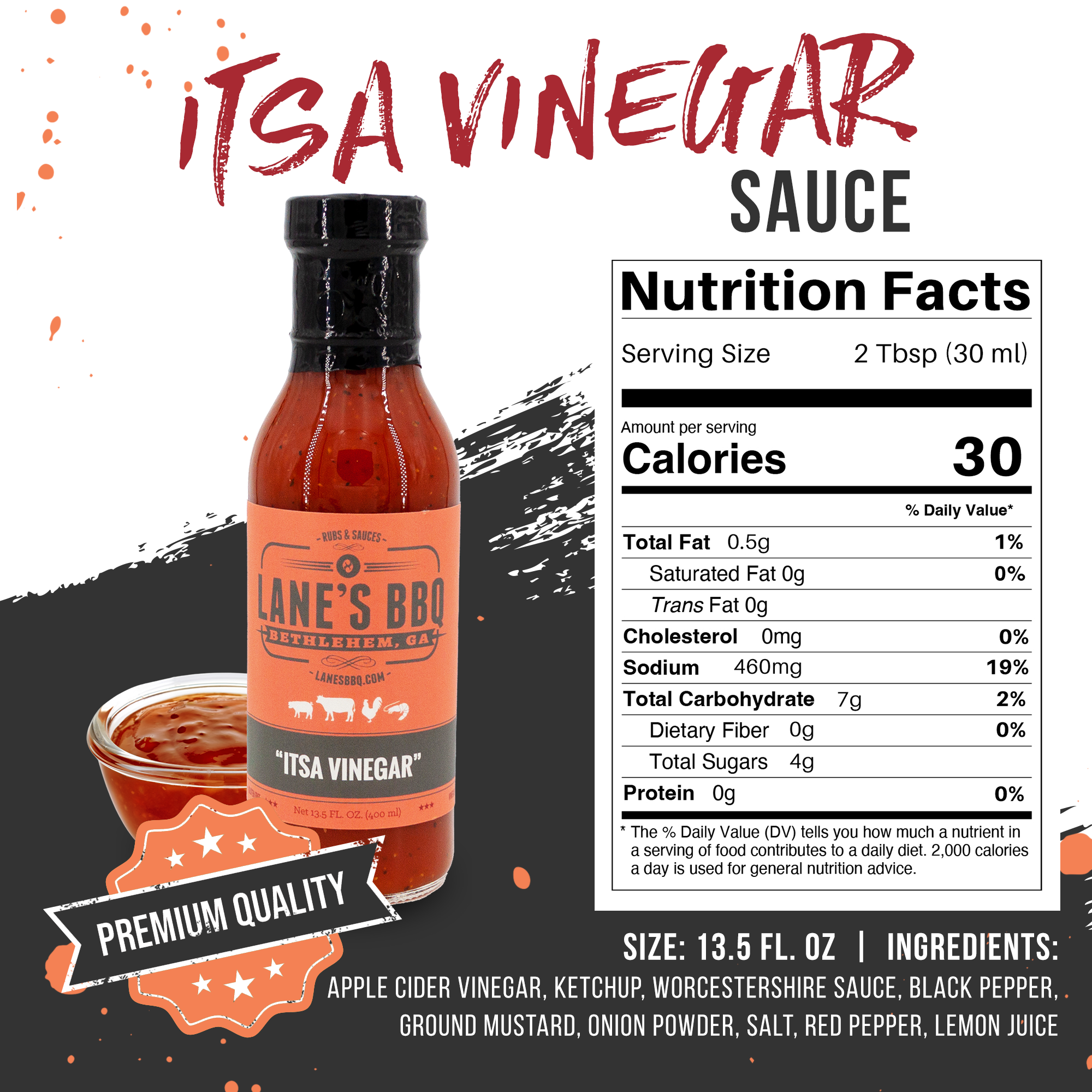 Lane's BBQ 'Itsa Vinegar' sauce bottle with nutrition facts label on a white background