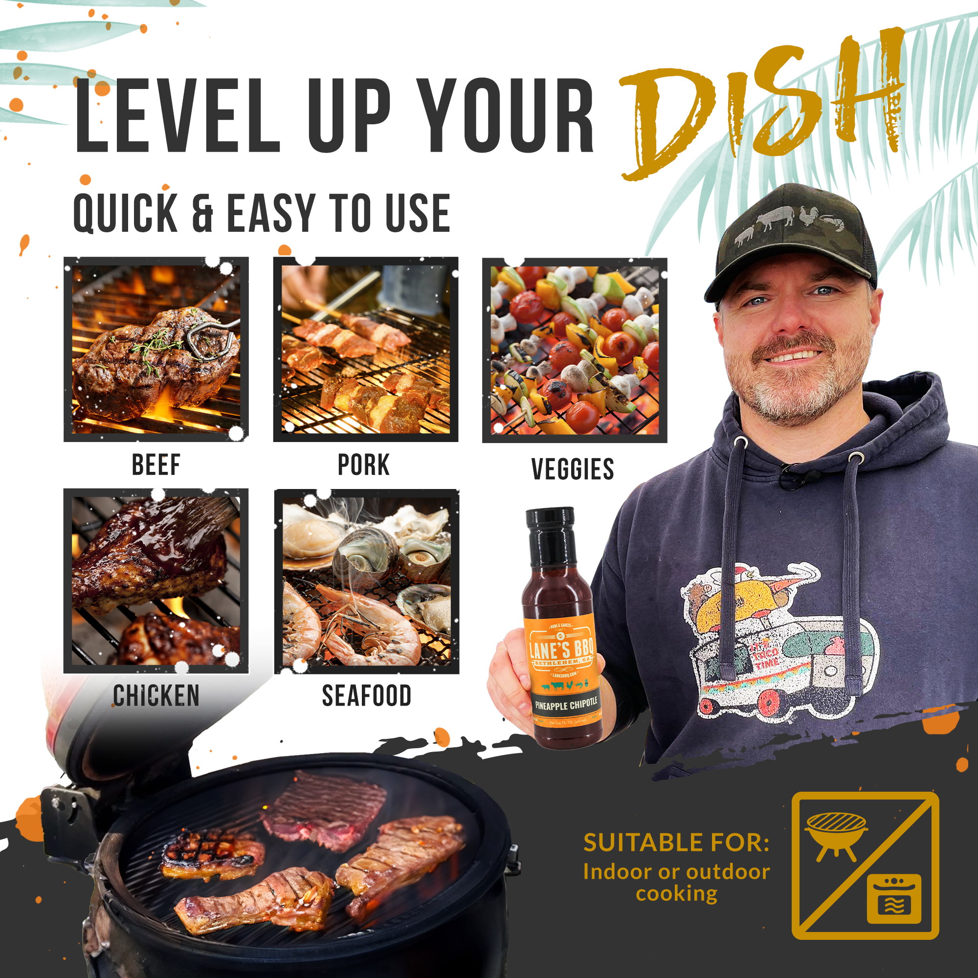 Promotional image of a man holding a bottle of barbecue sauce with cooking images and text on a white background.