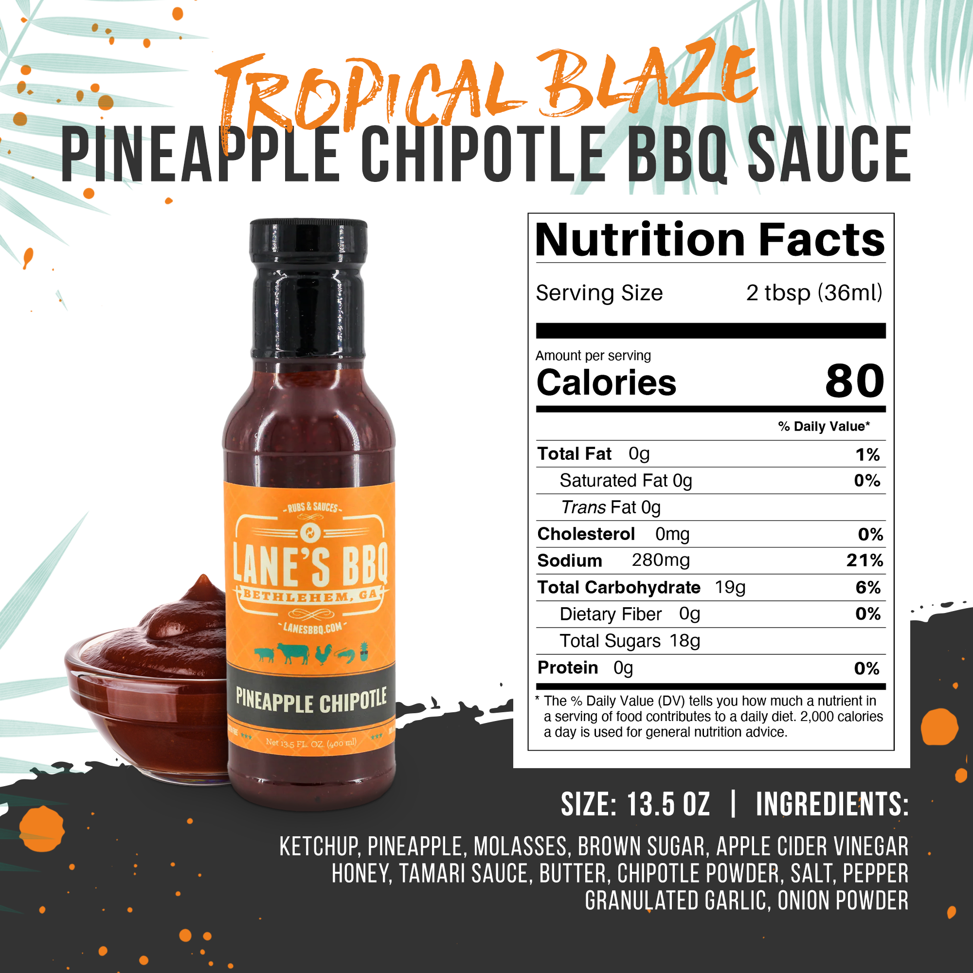 Tropical Blaze Pineapple Chipotle BBQ Sauce bottle with nutrition facts on a white background