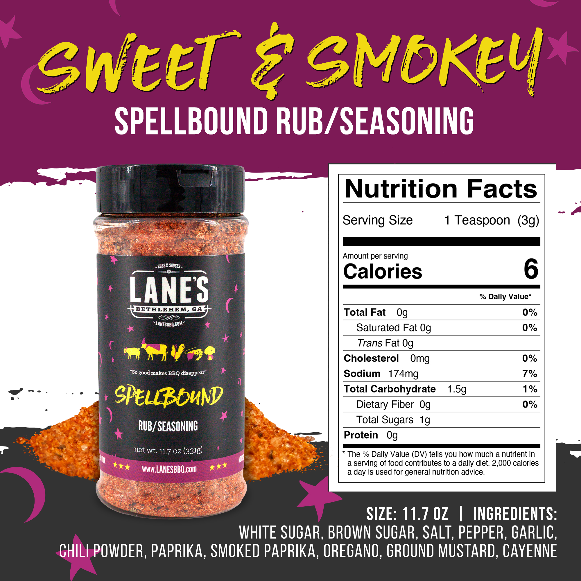 Lane's Sweet & Smokey Spellbound Rub/Seasoning with nutrition facts on a colorful background