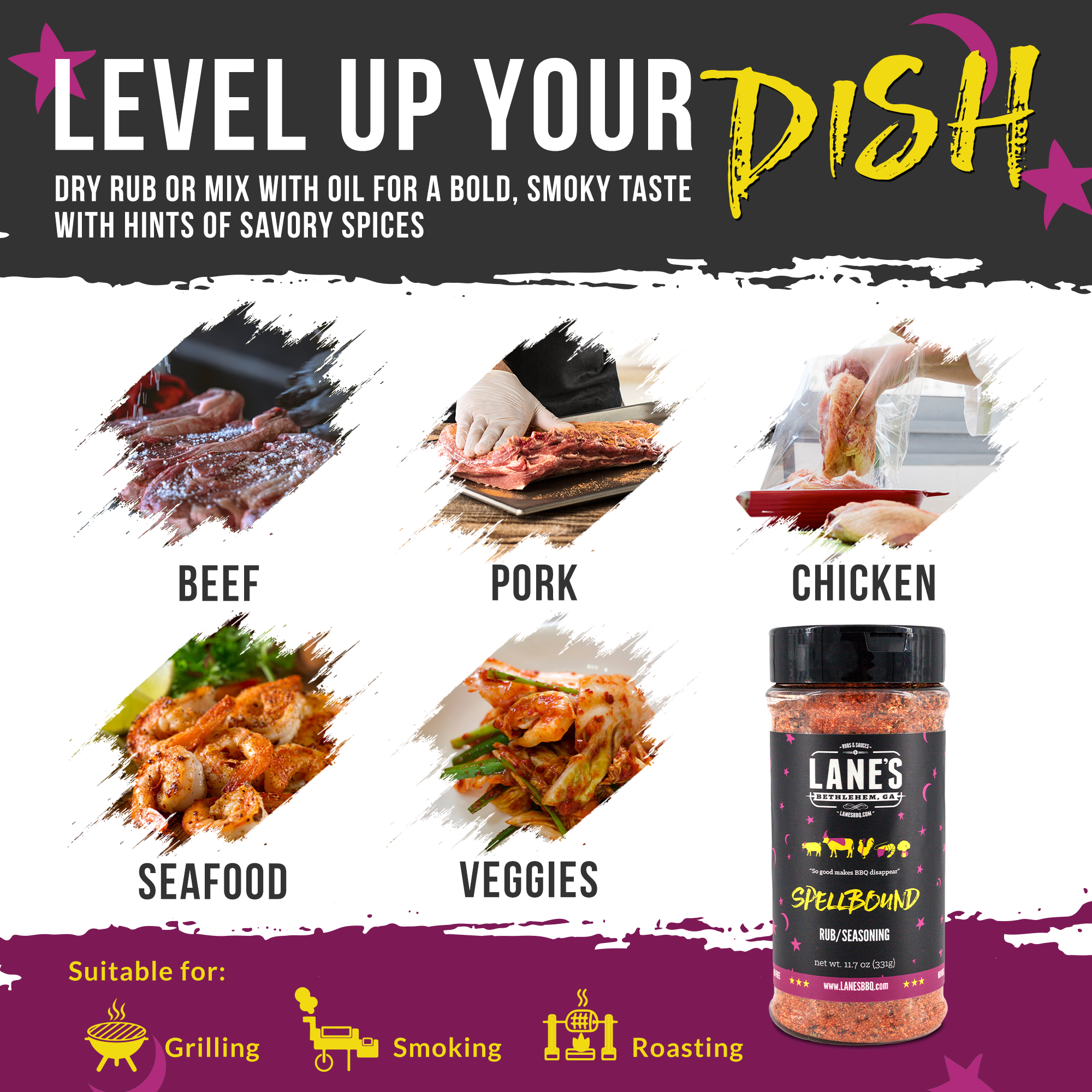 Promotional image for Lanes Spice & Seasoning with text 'Level Up Your Dish' and images of different meats and spices.