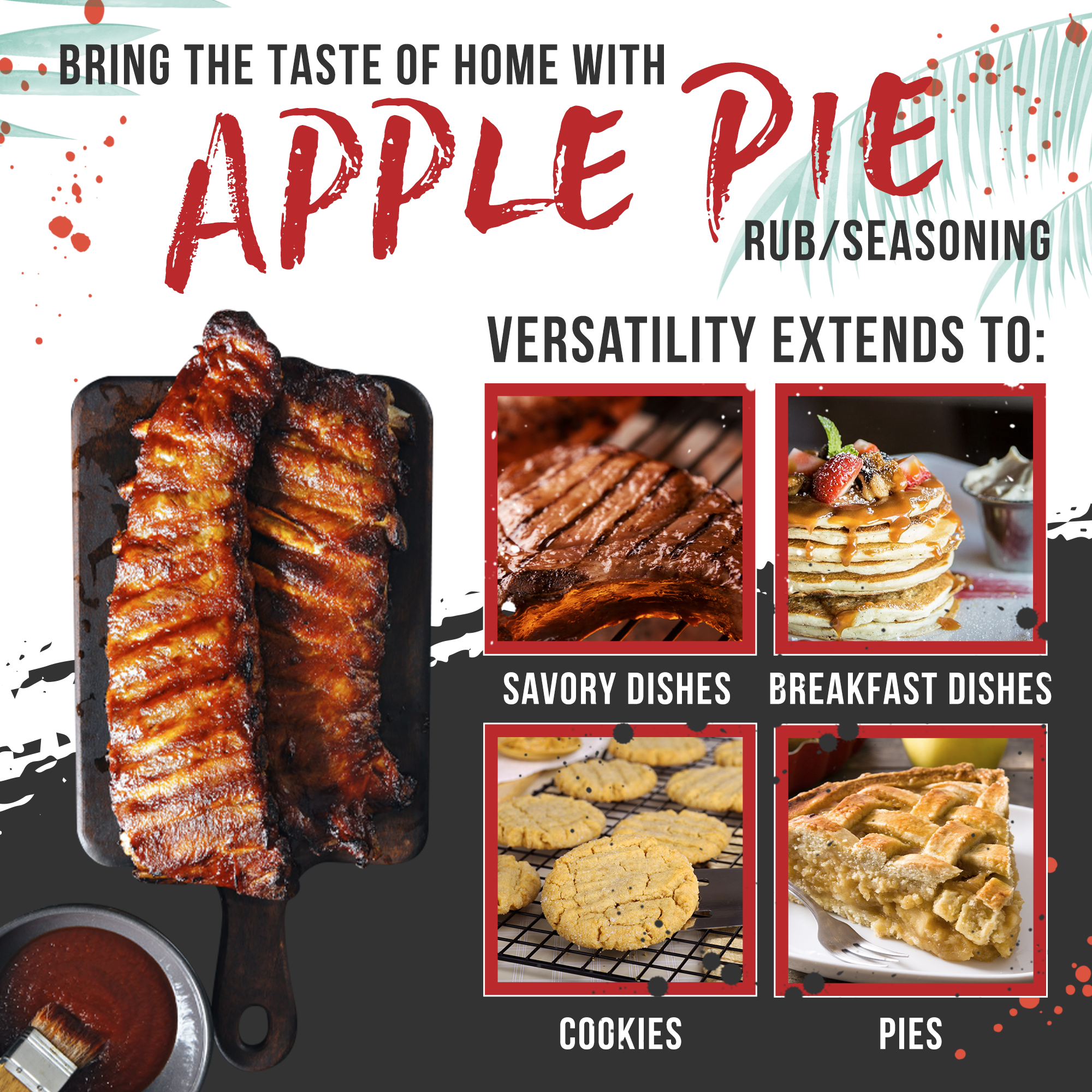 Advertisement for apple pie rub/seasoning with images of ribs, cookies, and pie.