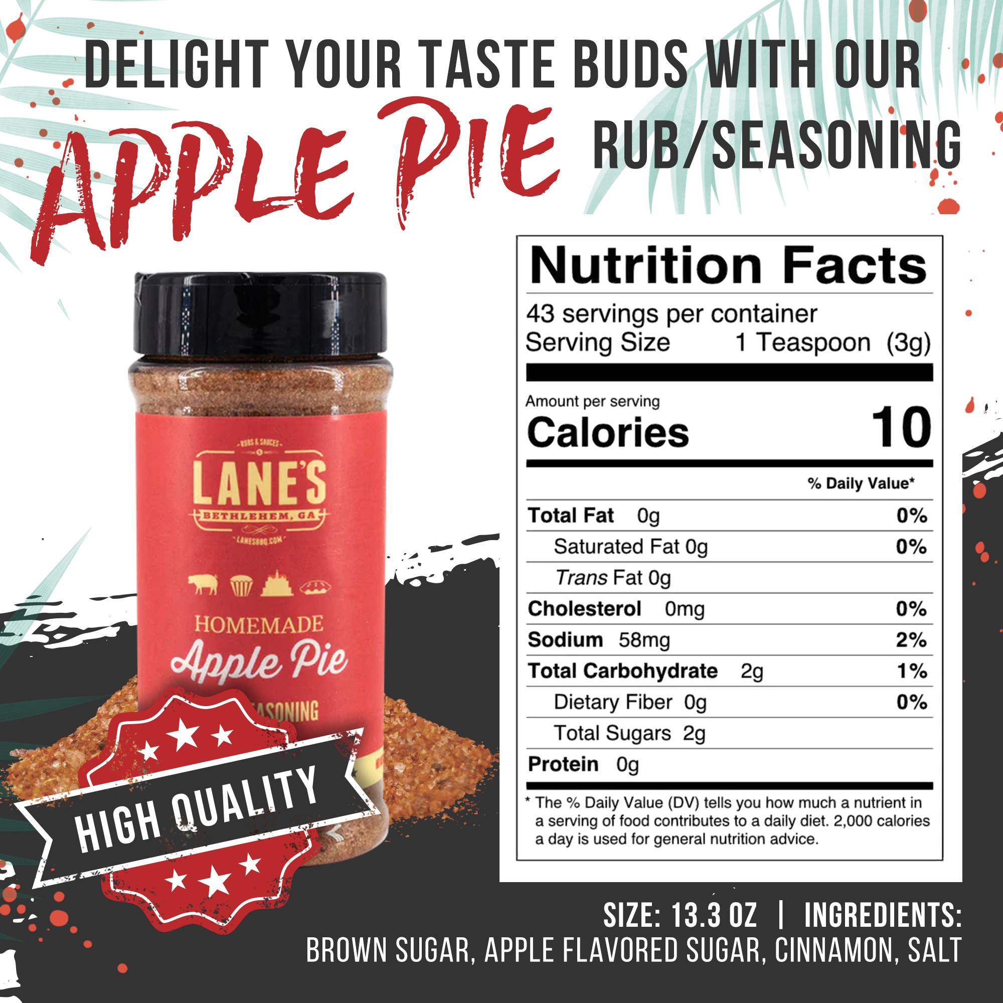 Lane's Homemade Apple Pie seasoning jar with nutrition facts on a white background