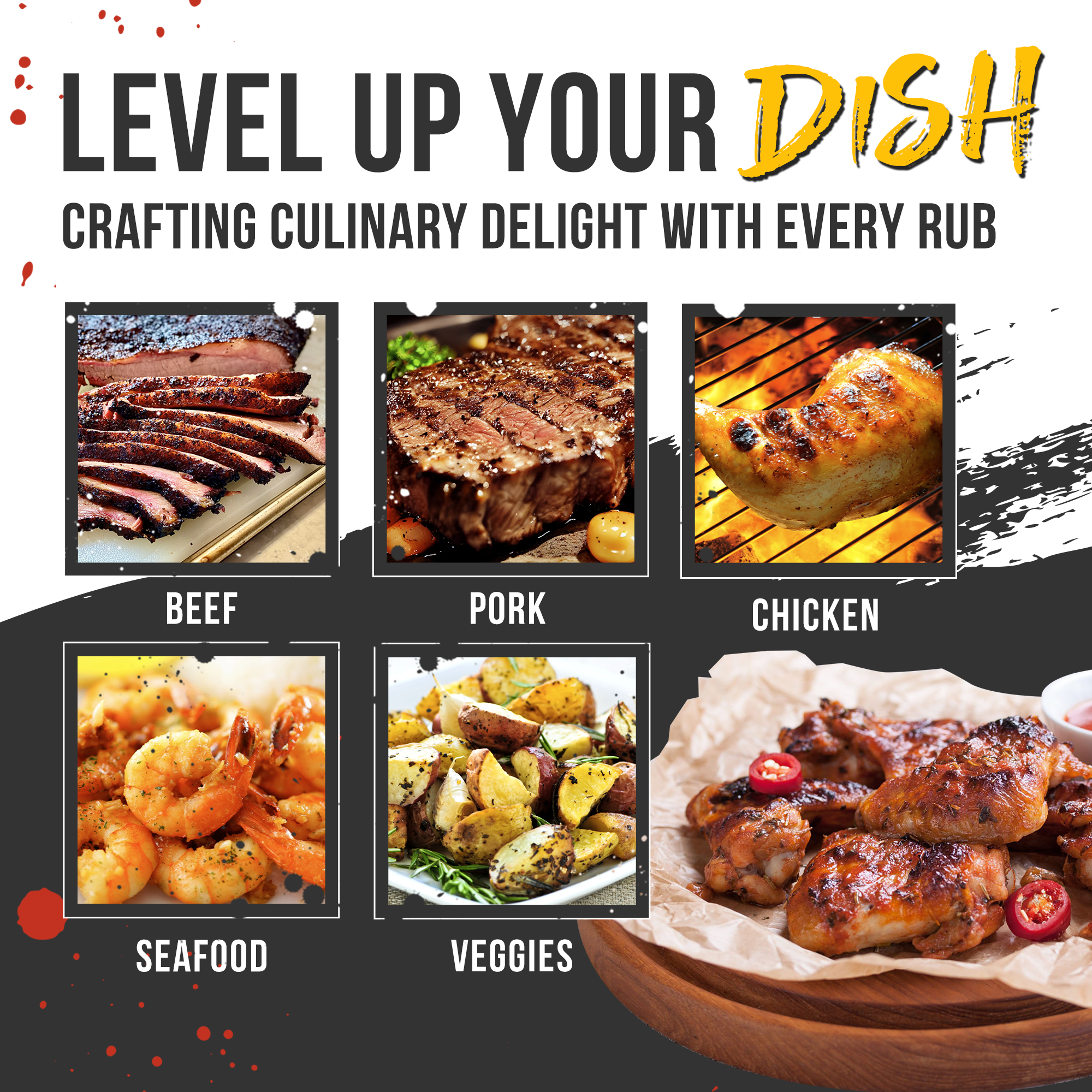Promotional graphic for a seasoning brand with images of cooked meats and seafood, text 'Level Up Your Dish', and product names.