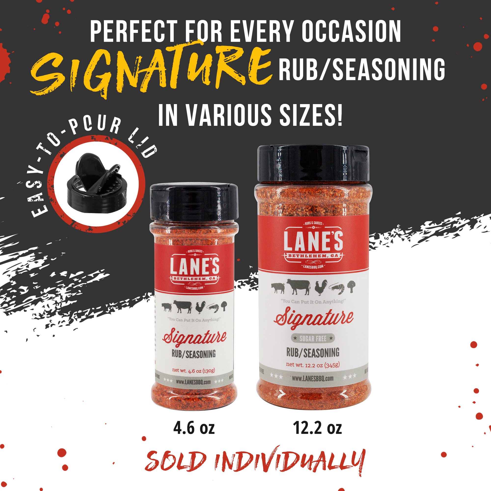Two bottles of Lanes Signature Rub/Seasoning with text about various sizes and occasions.