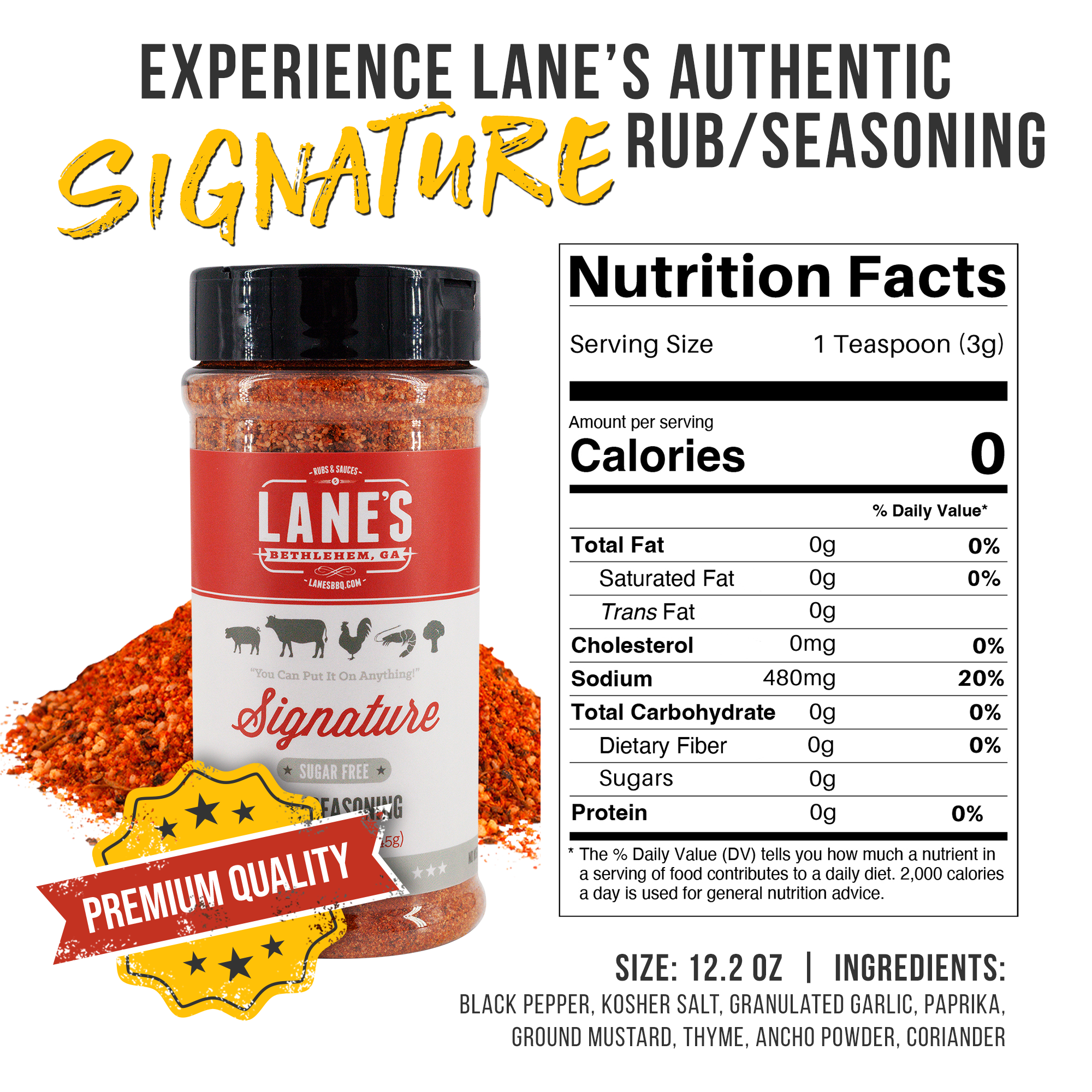 Lane's Signature seasoning jar with nutrition facts on a white background