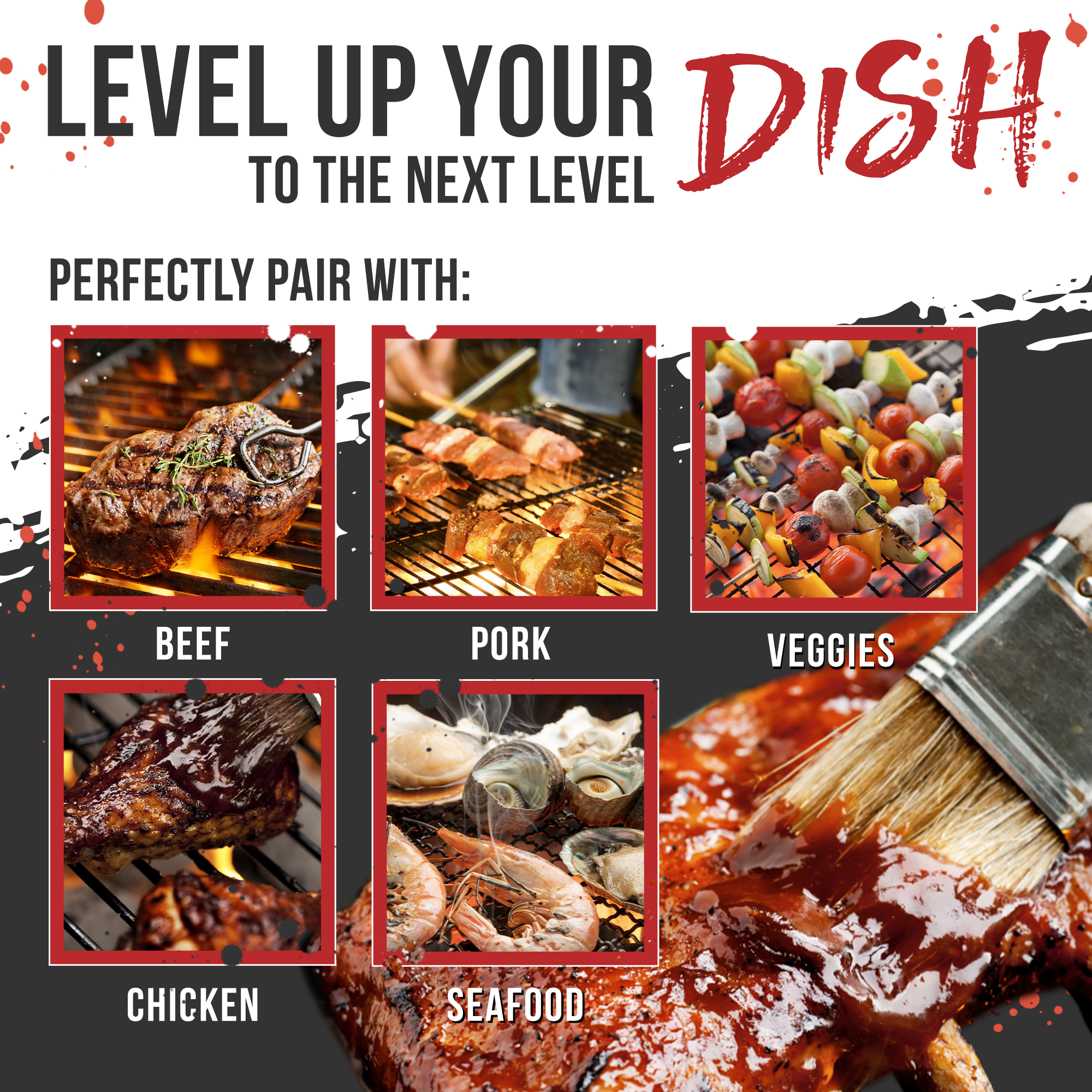 Promotional graphic for cooking with text 'Level Up Your Dish' and images of cooking ingredients.
