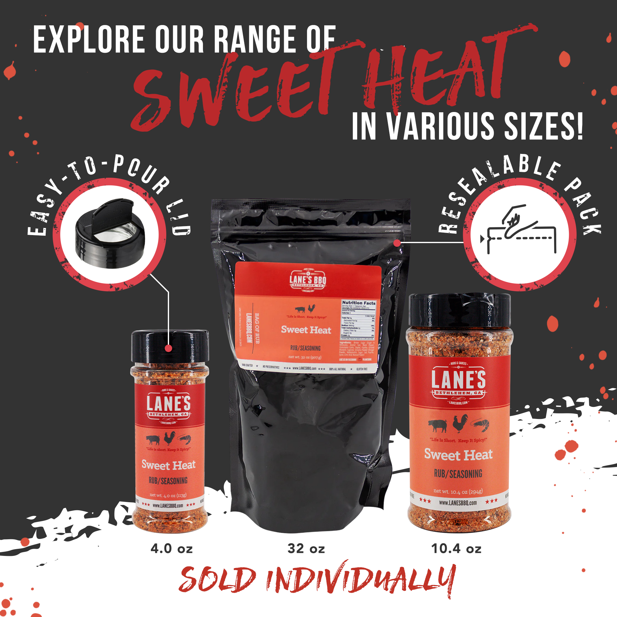Promotional image of Lanes BBQ Sweet Heat seasoning with packaging options on a dark background.