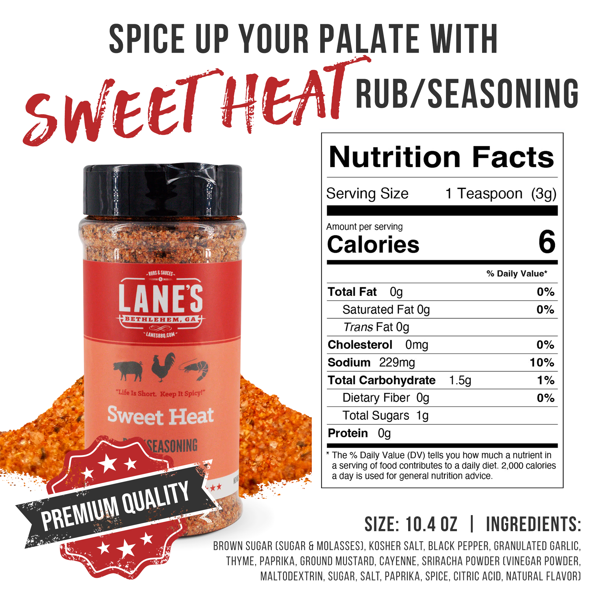 Lanes Sweet Heat seasoning bottle with nutrition facts on a white background