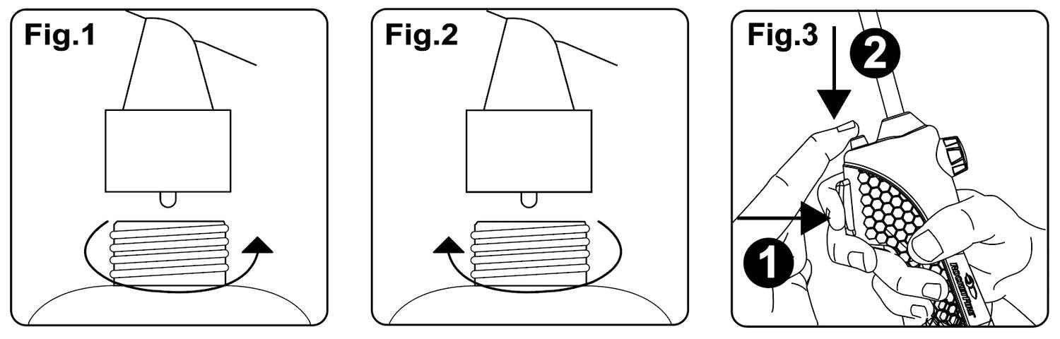 Figure diagram with figure 1, figure 2, figure 3 of screwing on rocketfire to propane tank