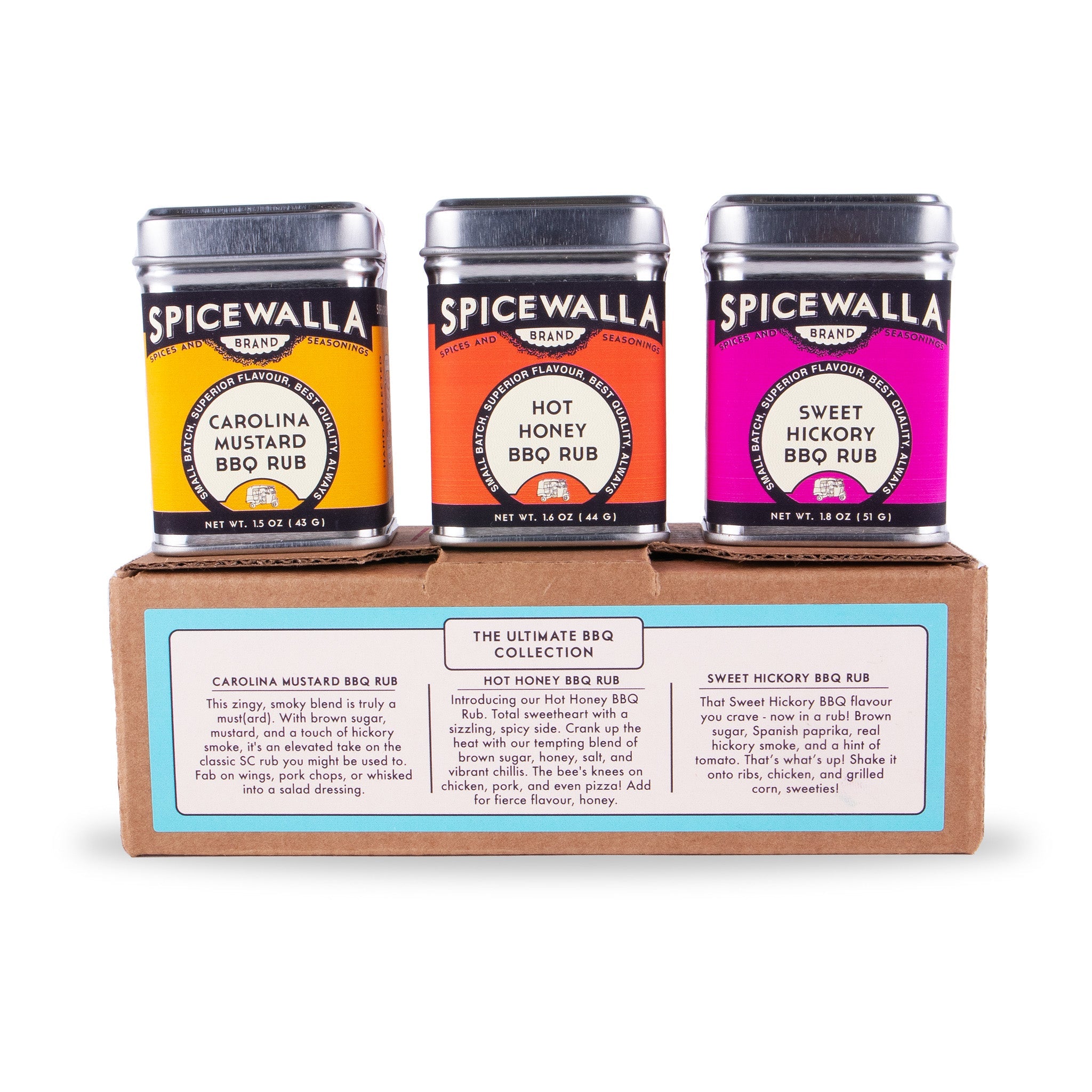 Three Spicewalla BBQ rubs in colorful packaging on a cardboard box with product description.