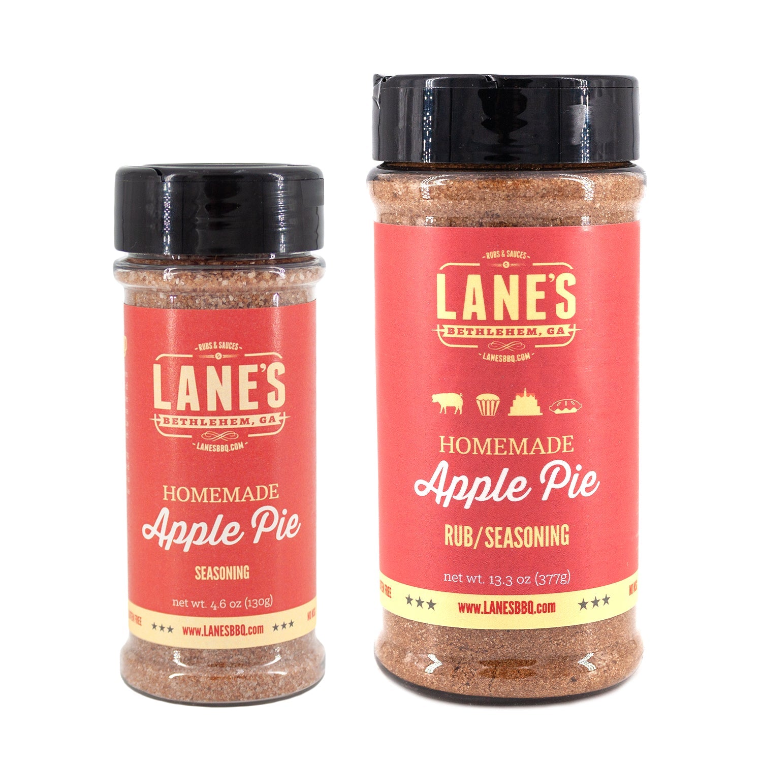 Two bottles of Lane's Homemade Apple Pie seasoning on a white background