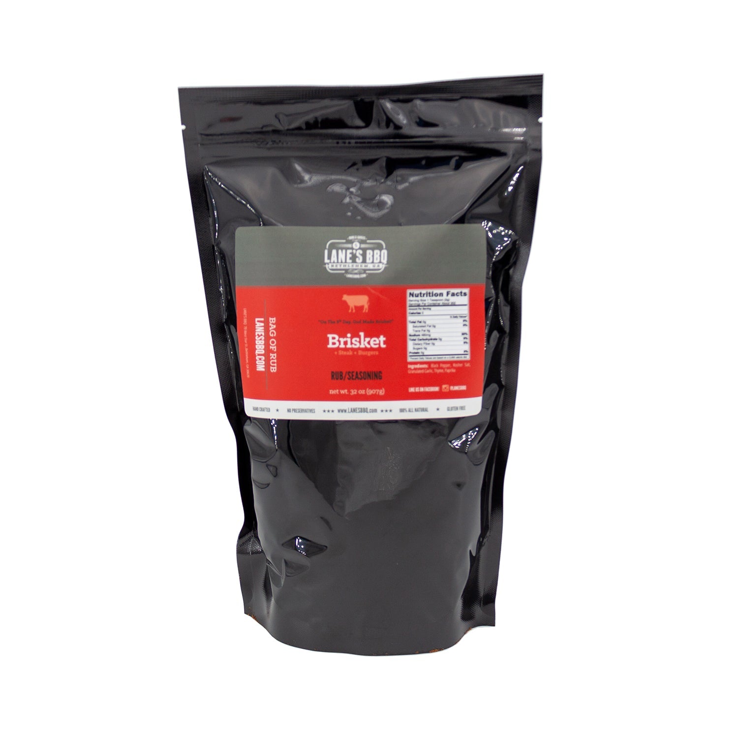 Black bag with a red label featuring 'Lane's BBQ' on a white background