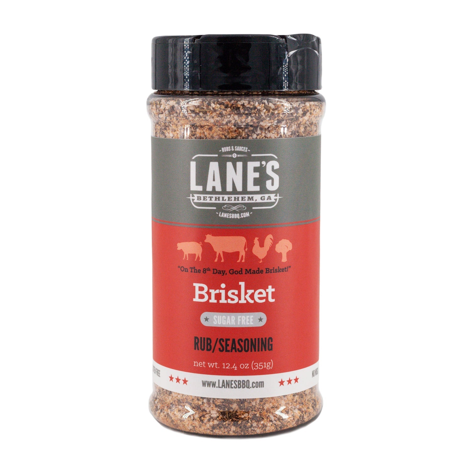 Lane's Brisket seasoning jar on a white background