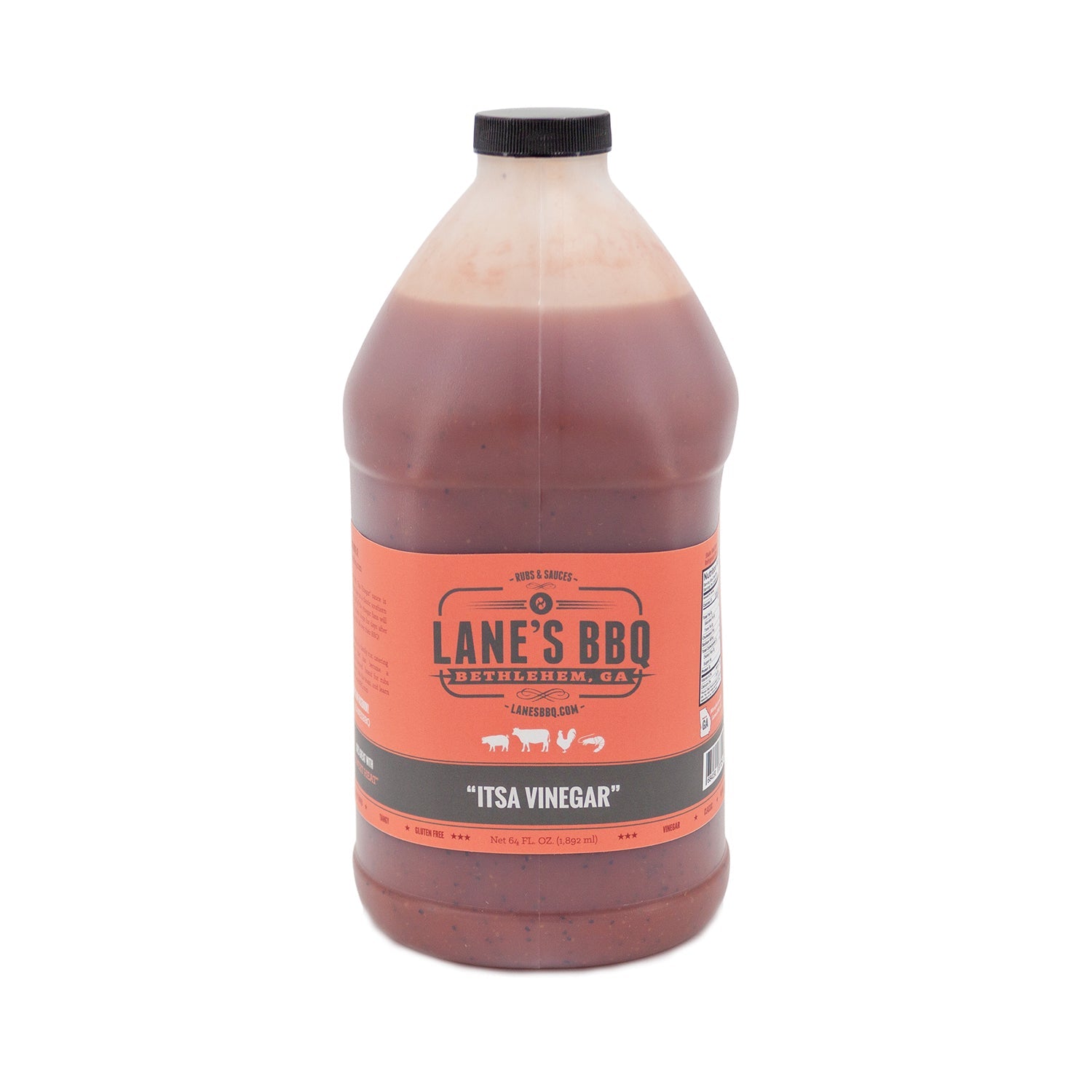 Bottle of Lane's BBQ 'Itsa Vinegar' on a white background