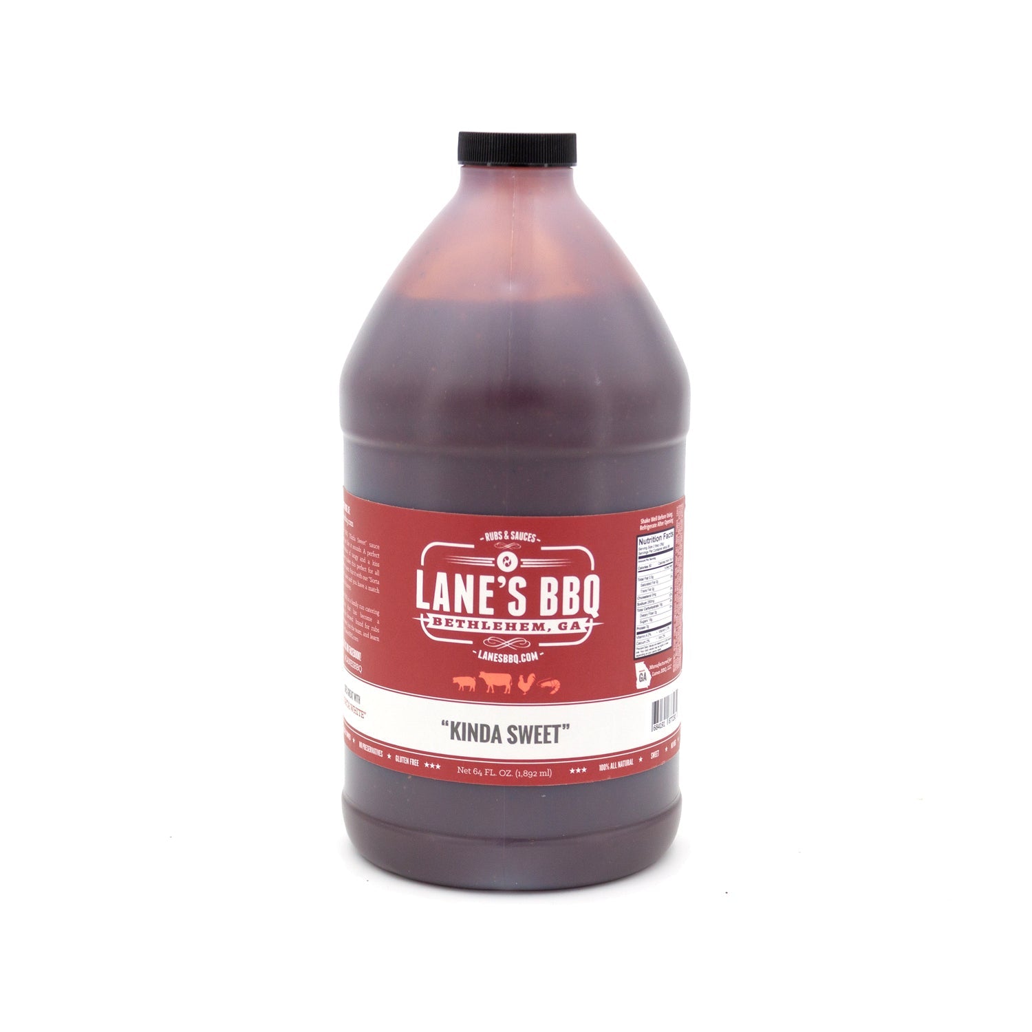 Bottle of Lane's BBQ 'Kinda Sweet' sauce on a white background