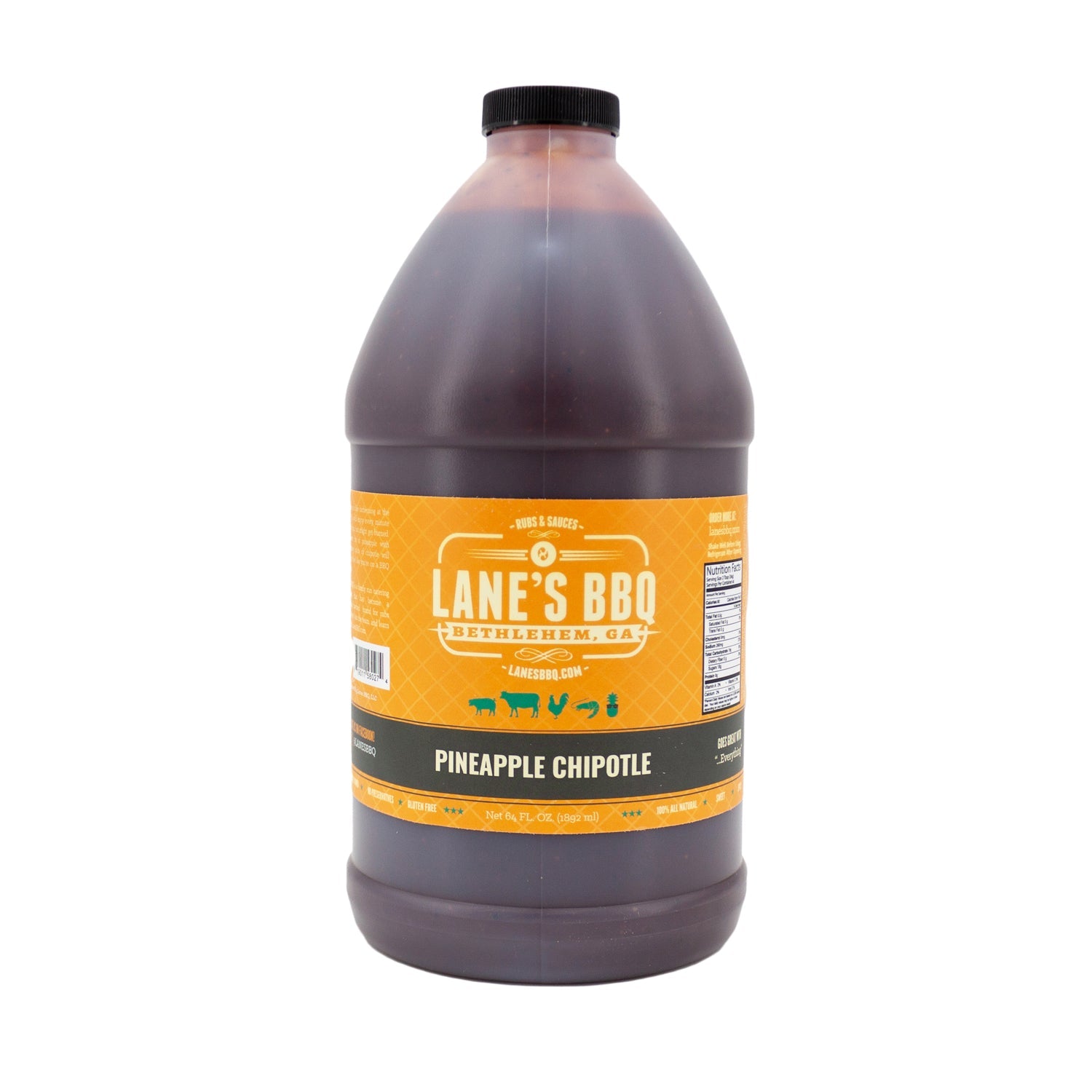 Bottle of Lane's BBQ Pineapple Chipotle sauce on a white background