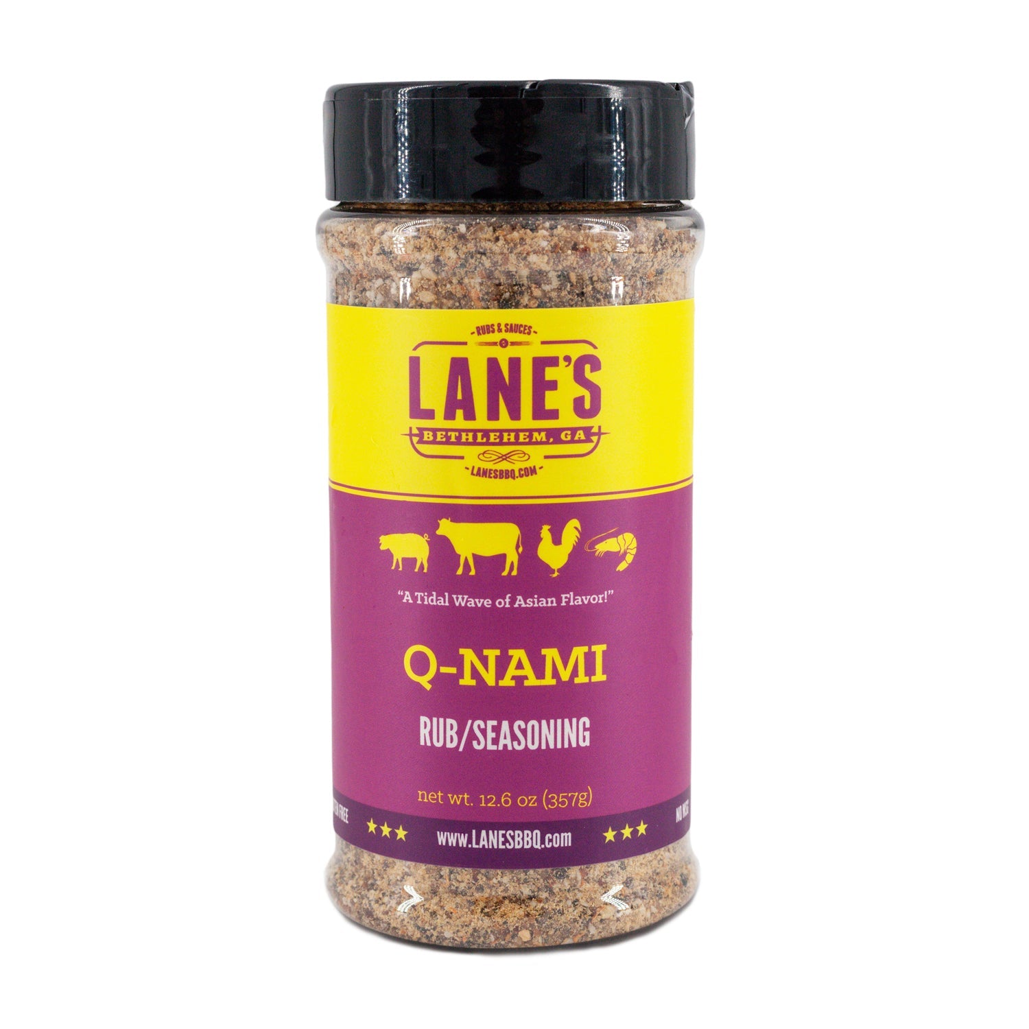 Spice jar labeled 'Lanes' with a yellow and purple label on a white background