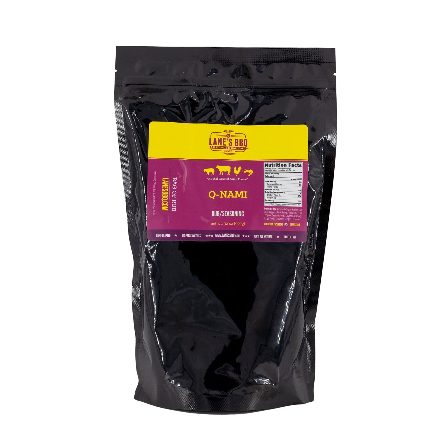 Black packaging of Lane's BBQ Q-Nami Rub/Seasoning with a yellow and purple label.