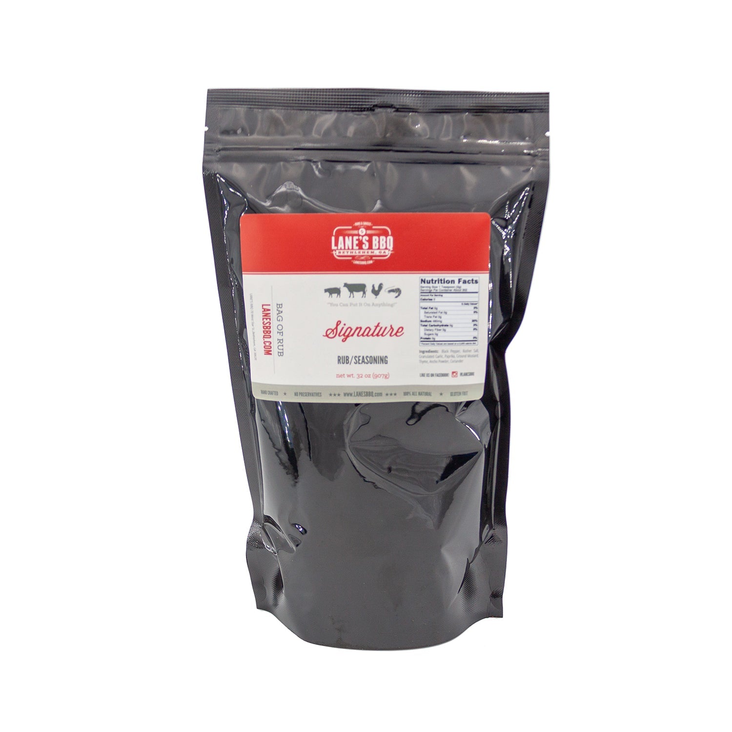 Black seasoning bag with a label on a white background