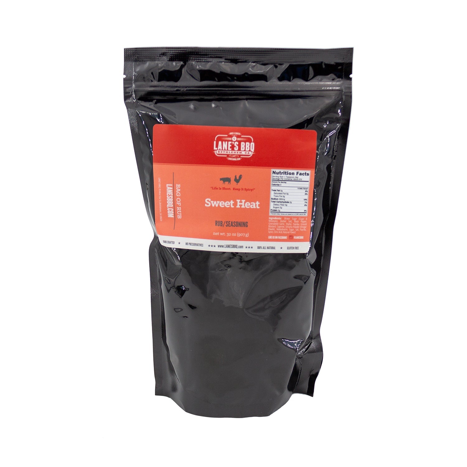 Black bag of Lane's BBQ Sweet Heat seasoning on a white background