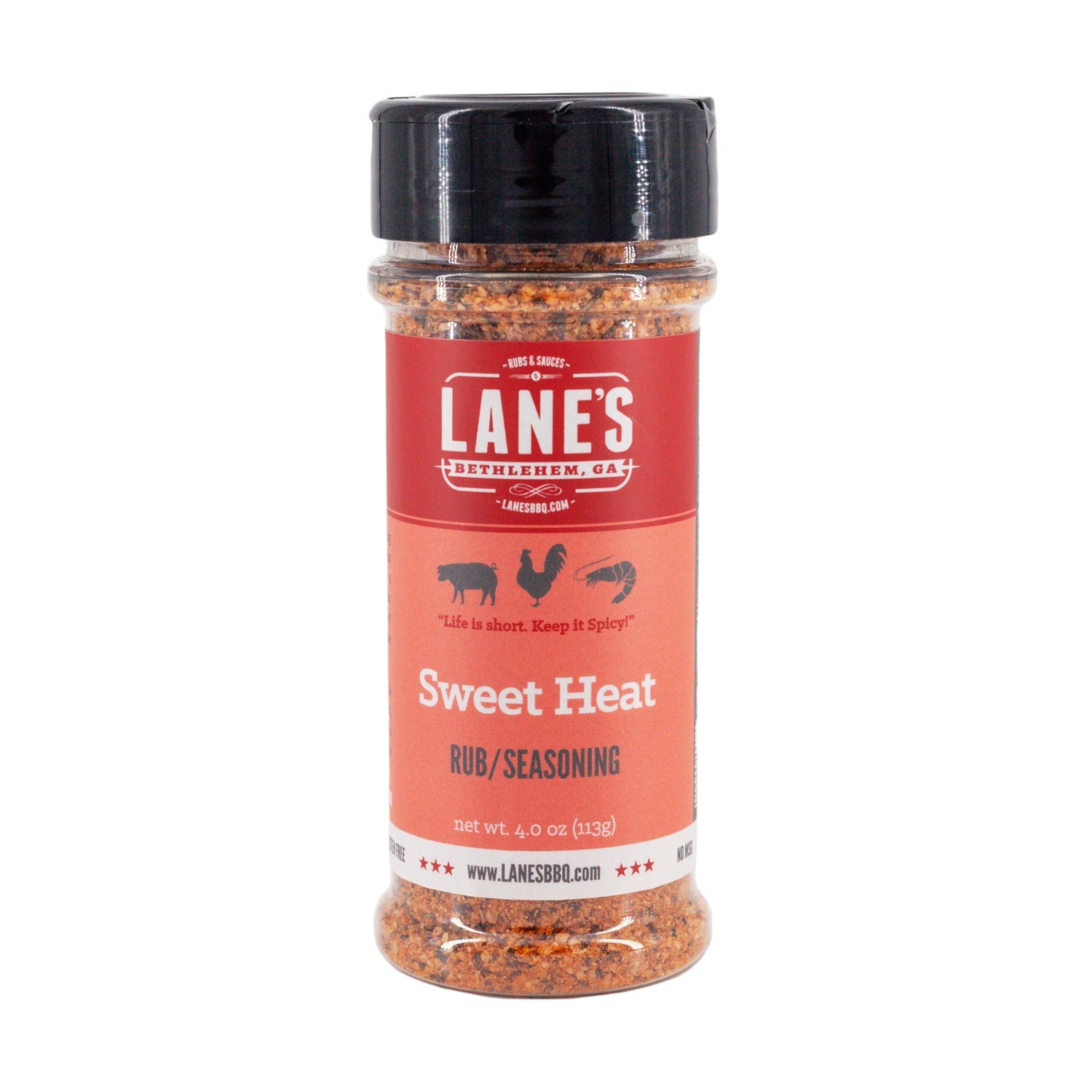 Bottle of Lane's Sweet Heat rub/seasoning on a white background