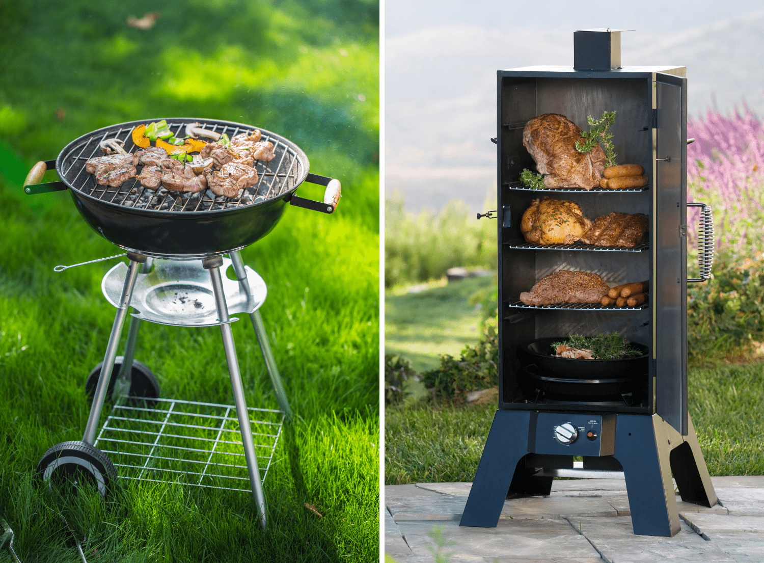 Smoker and chacoal grill side by side with food in and on it