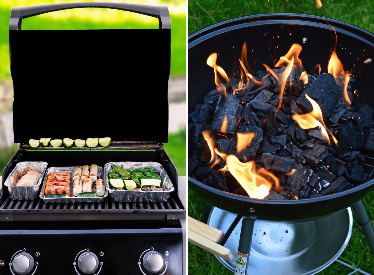 gas grill with meat and vegetables roasting and a charcoal grill with flames burning lump charcoal