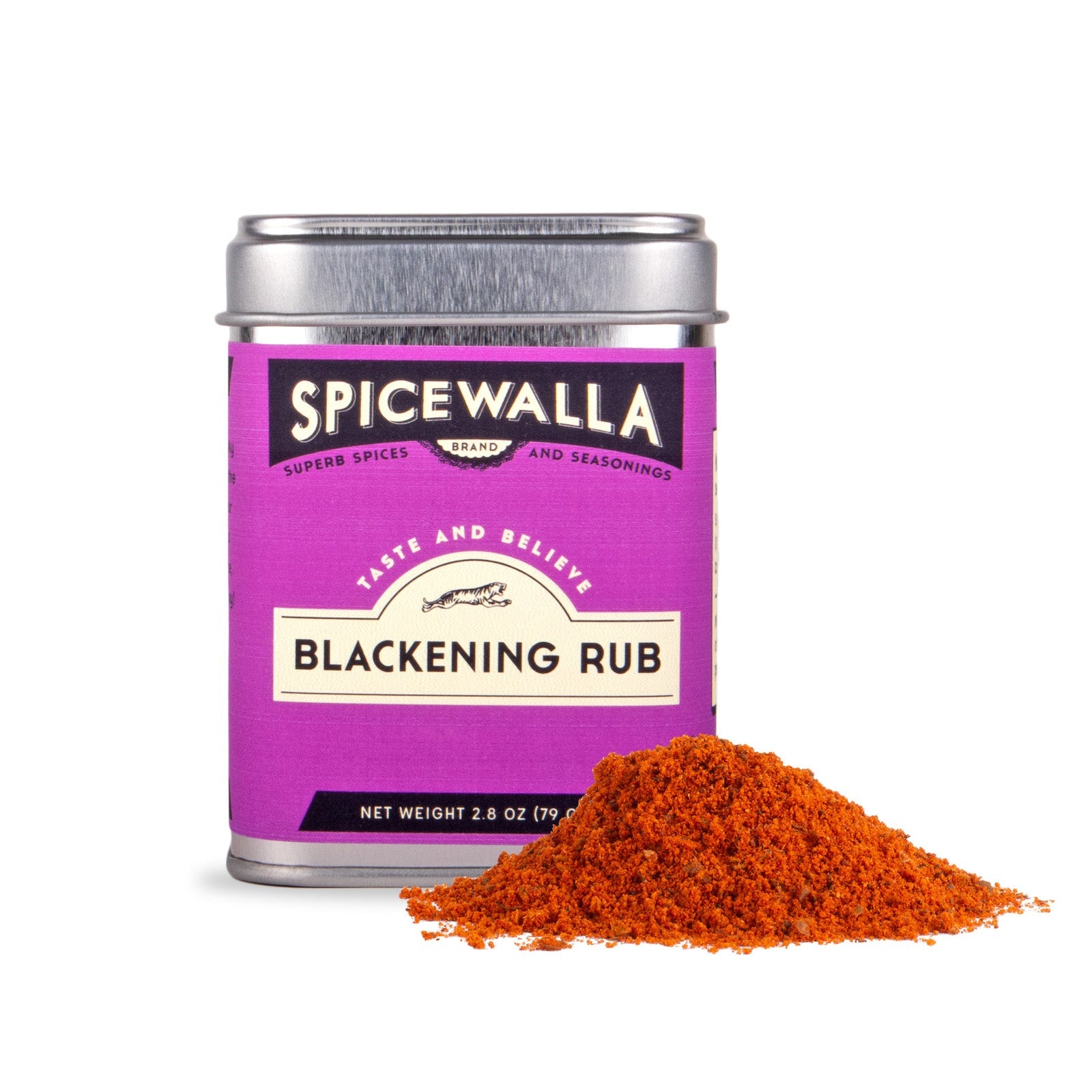 Spicewalla Blackening Rub spice can with red powder on a white background