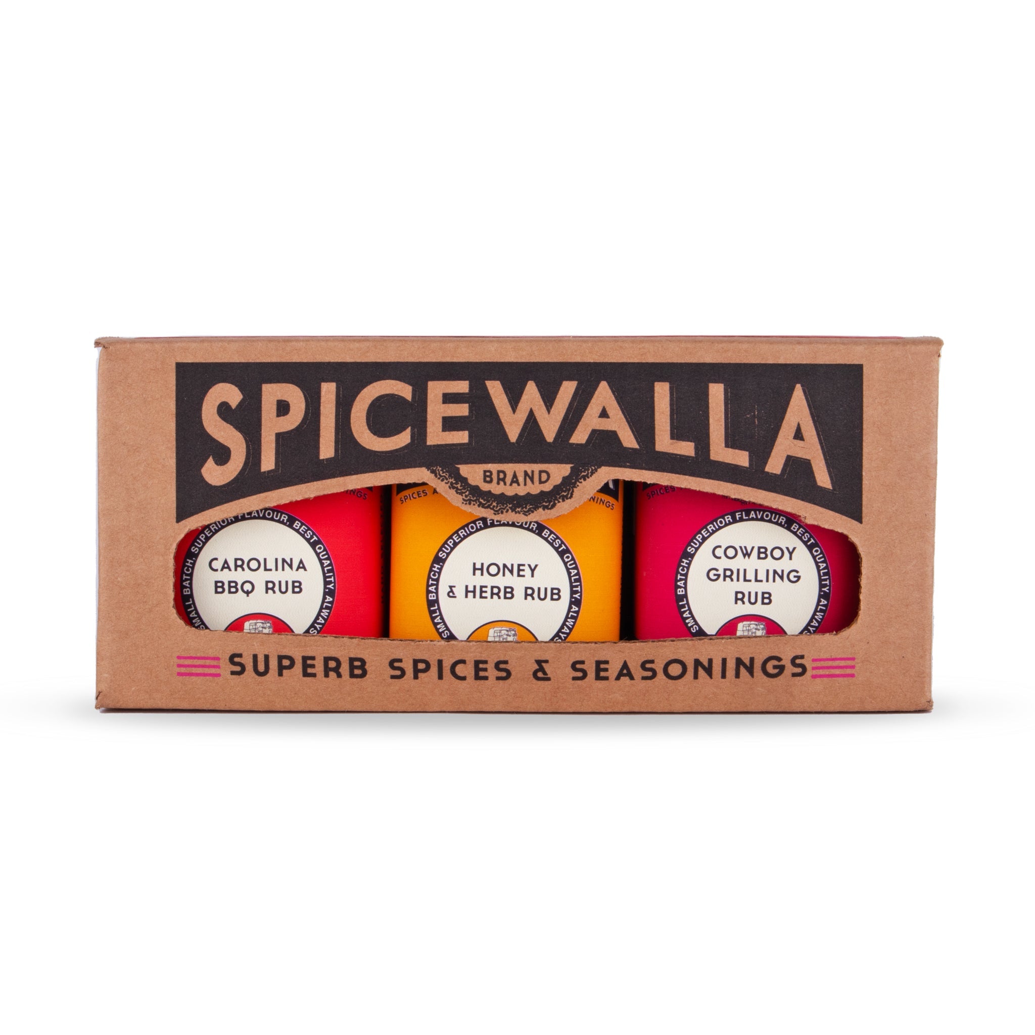 Spicewalla spice set packaging with three small containers on a white background