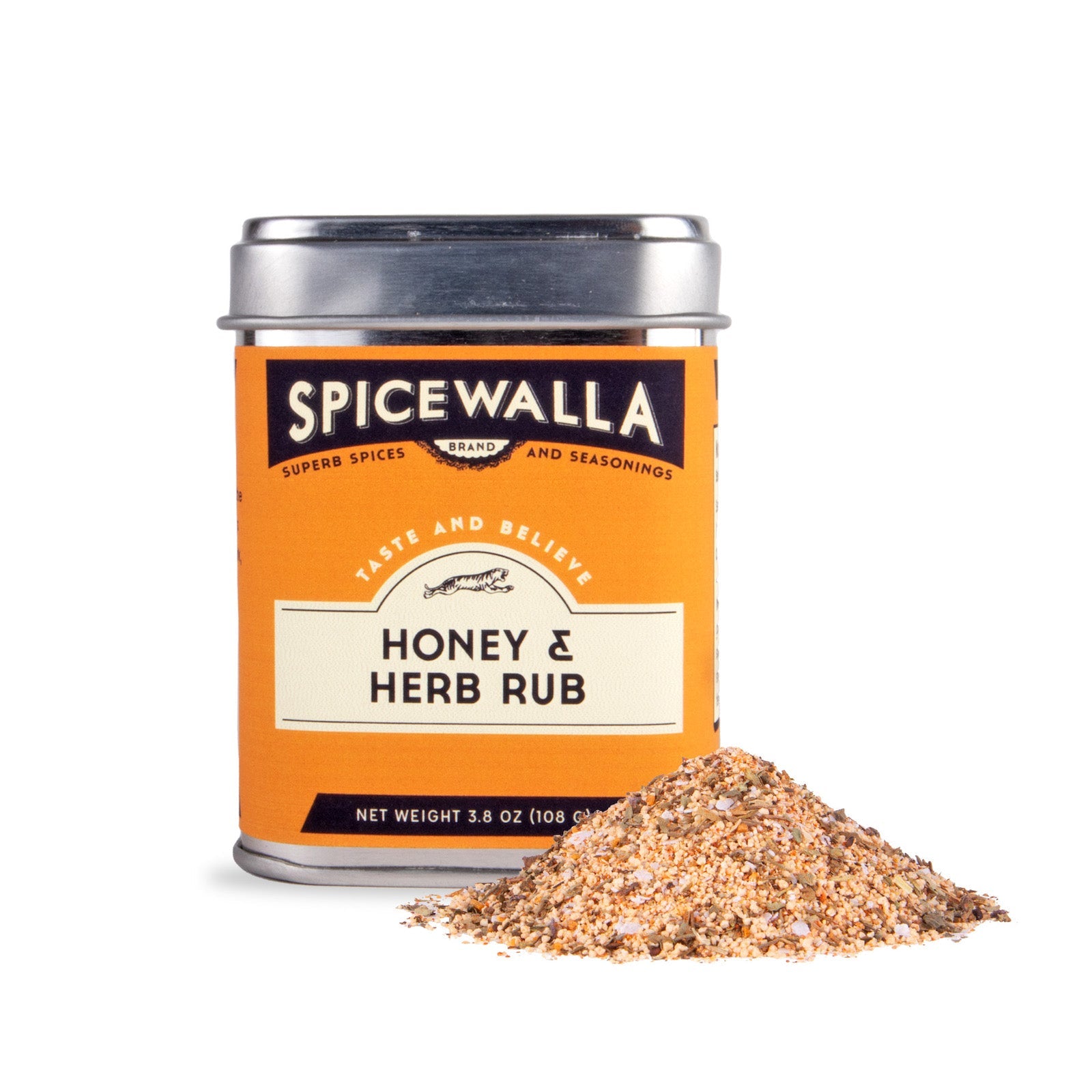 Spicewalla Honey & Herb Rub spice can with spilled spice on a white background