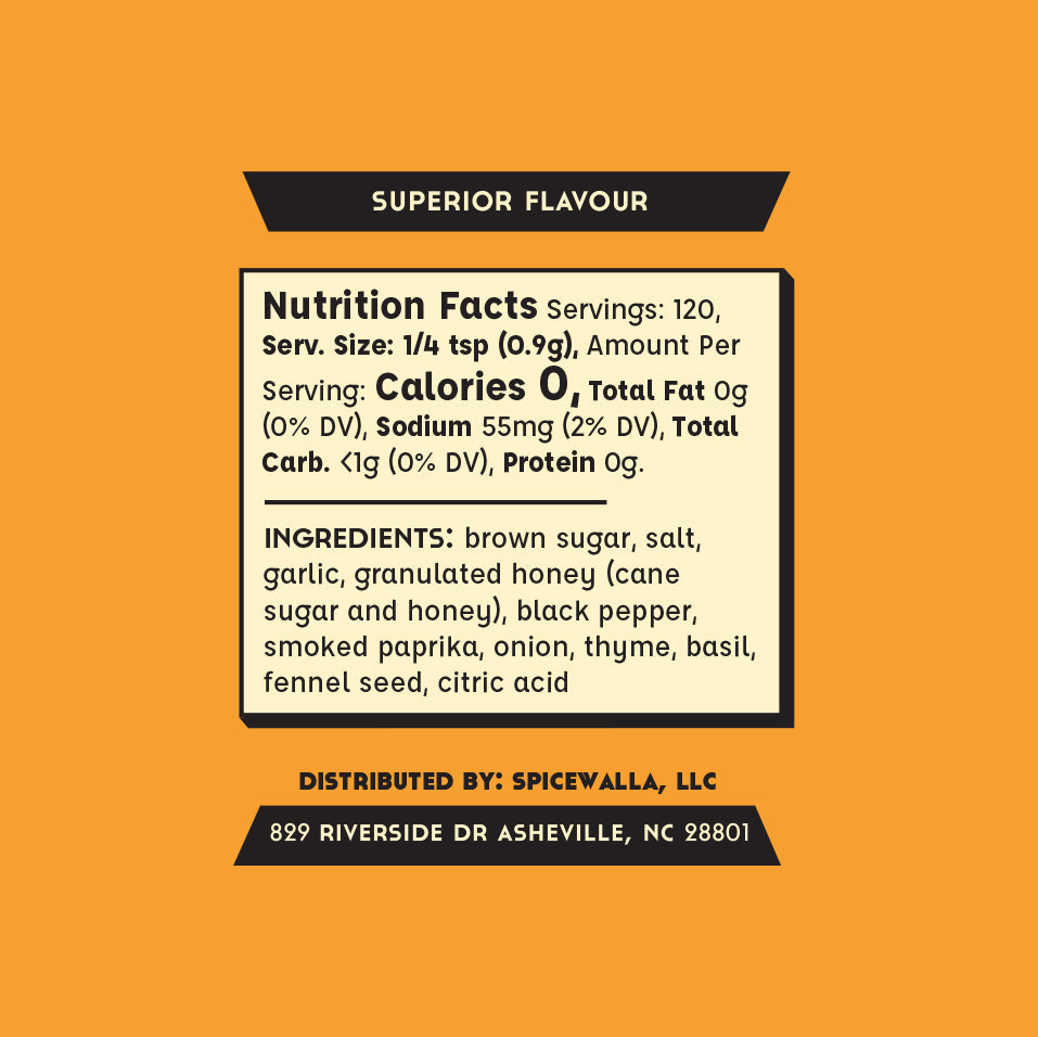 Nutrition facts label and ingredients list on an orange background