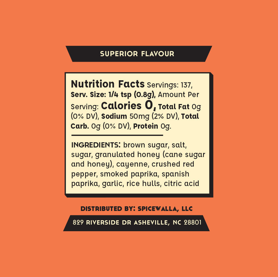 Nutrition facts label and ingredients list on an orange background, distributed by Spicewalla, LLC.