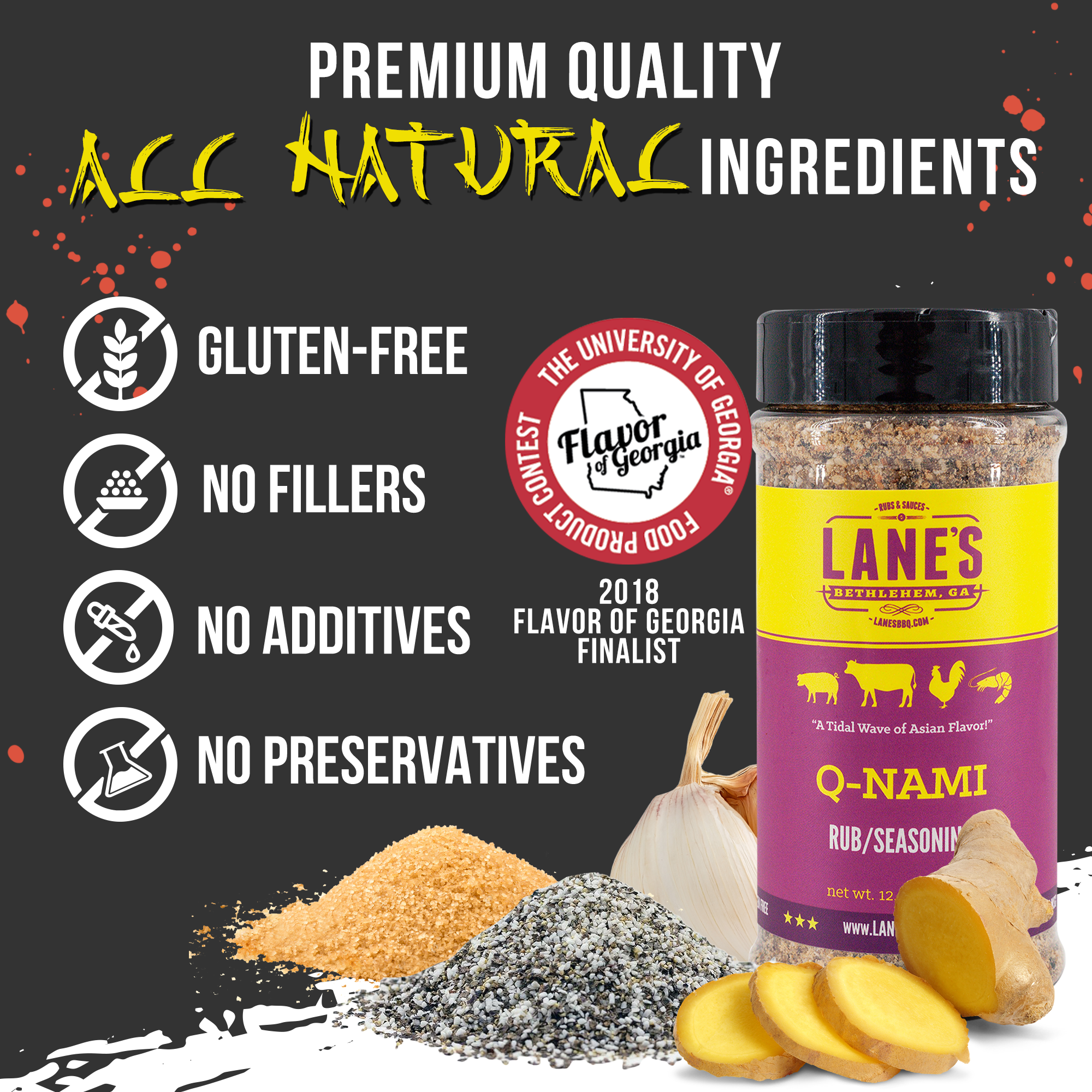 Promotional image of Lane's Q-Nami seasoning with natural ingredients and certification details.