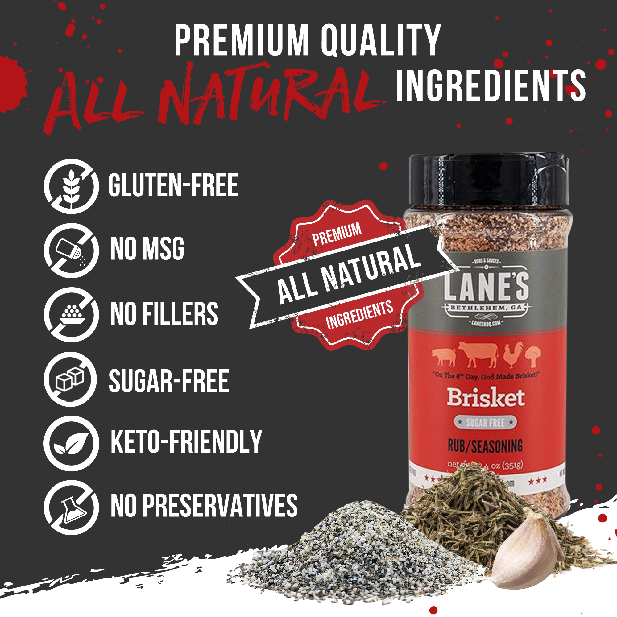Lane's seasoning bottle with health benefits listed on a black background