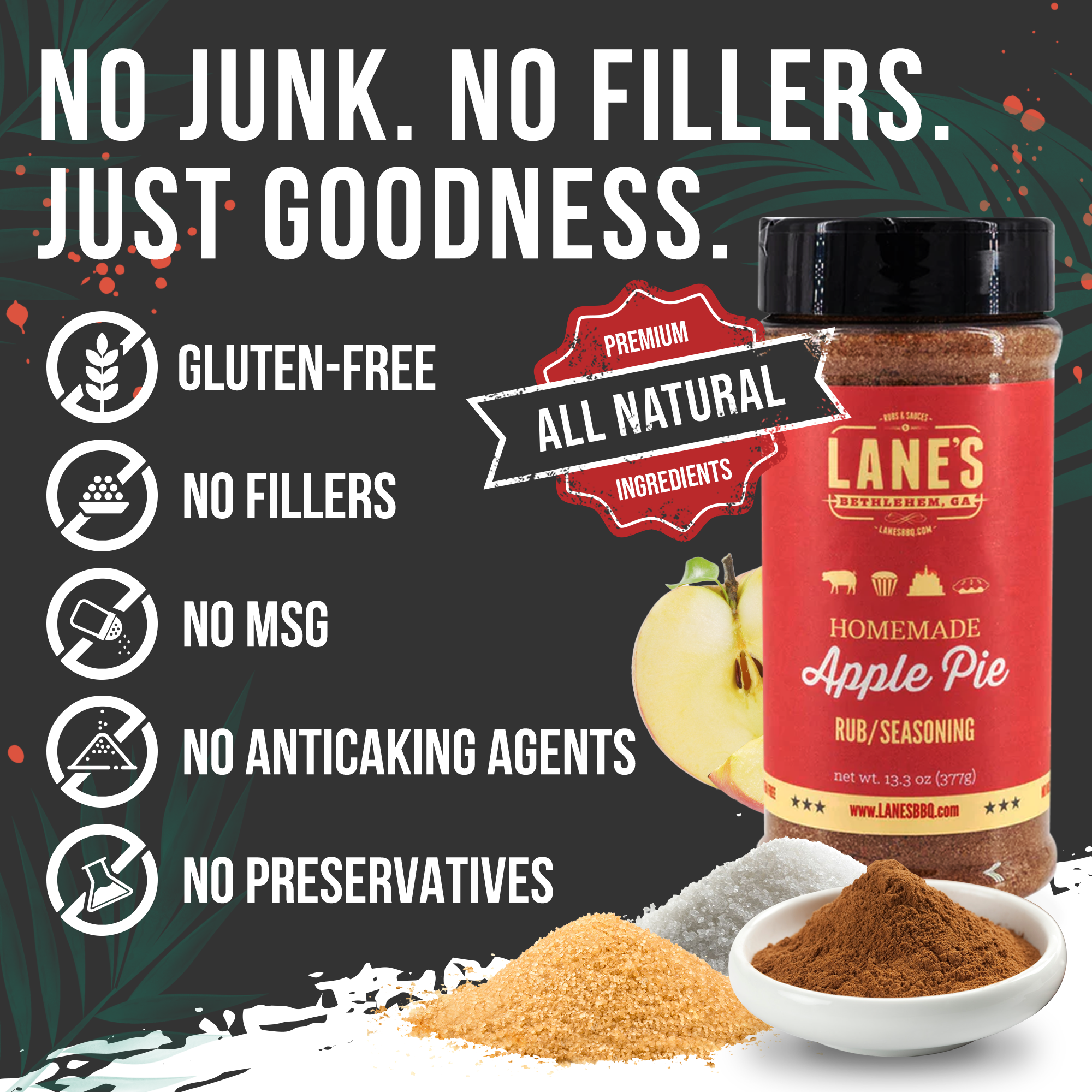 Lane's Homemade Apple Pie Rub/Seasoning with product details on a black background