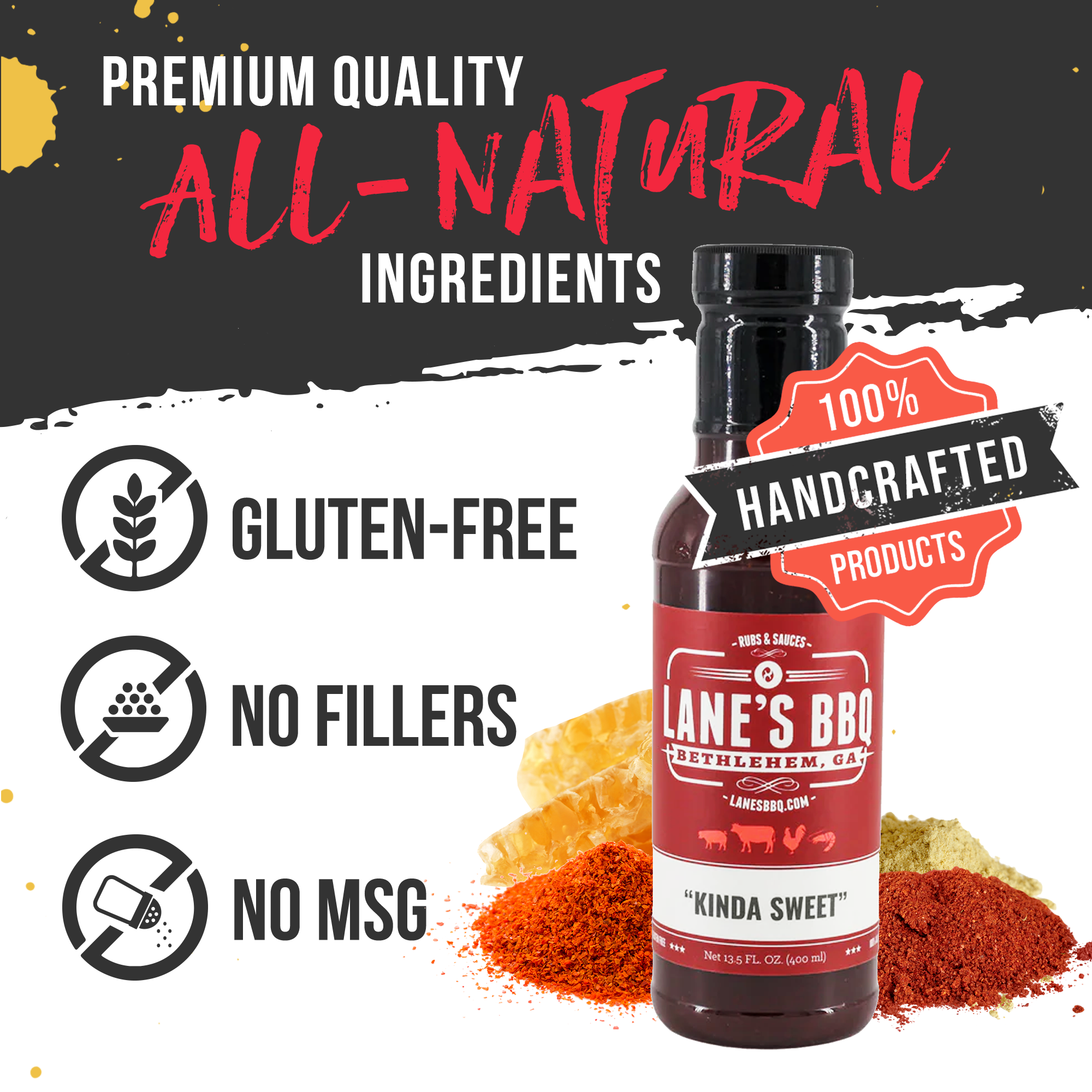 Bottle of Lane's BBQ sauce with product features on a black and white background