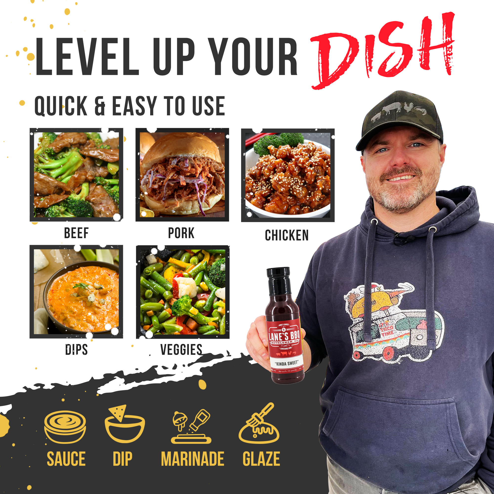 Person holding a bottle of sauce with images of food and text promoting a product to 'level up your dish'.