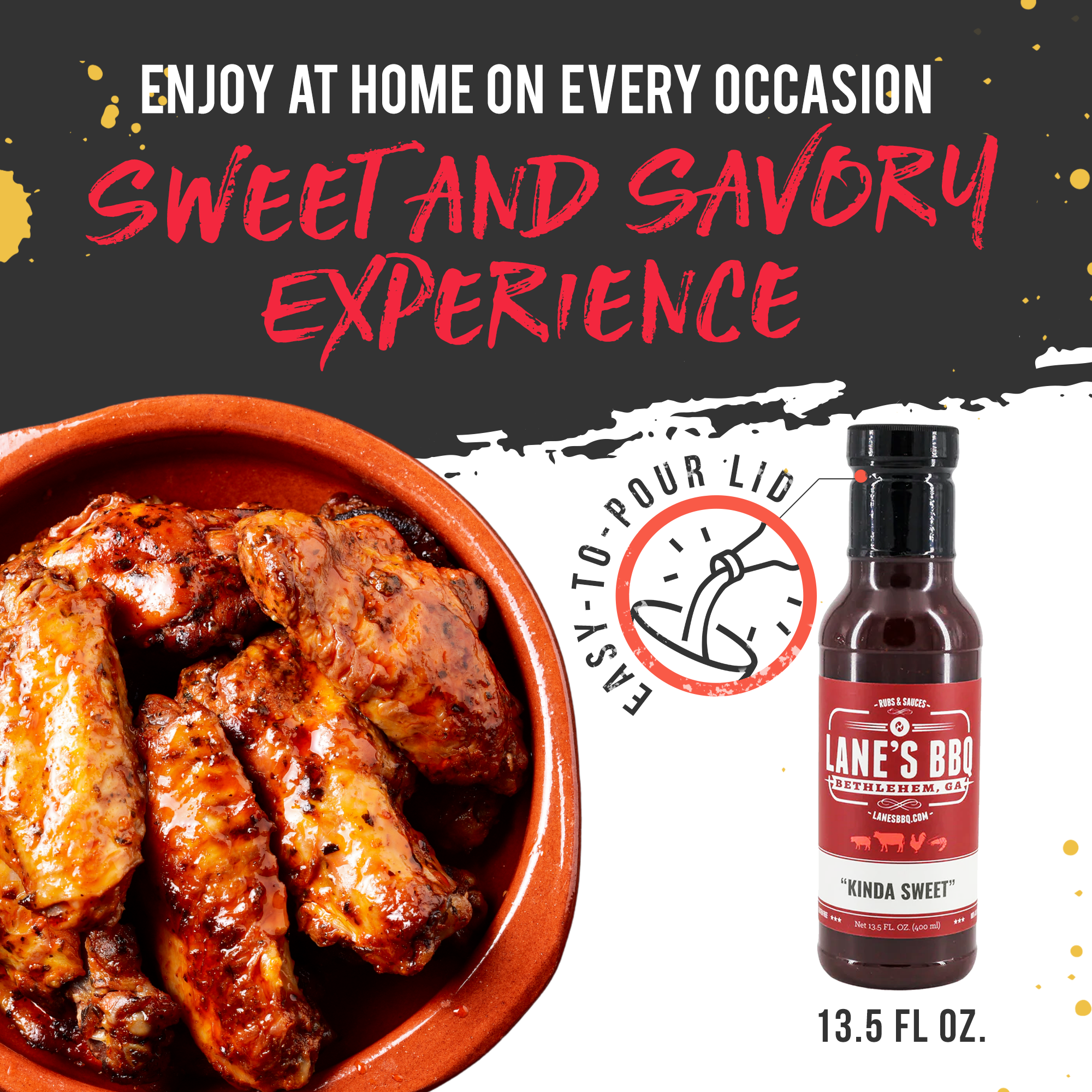 Bowl of wings with a bottle of Lane's BBQ sauce and text about a sweet and savory experience.