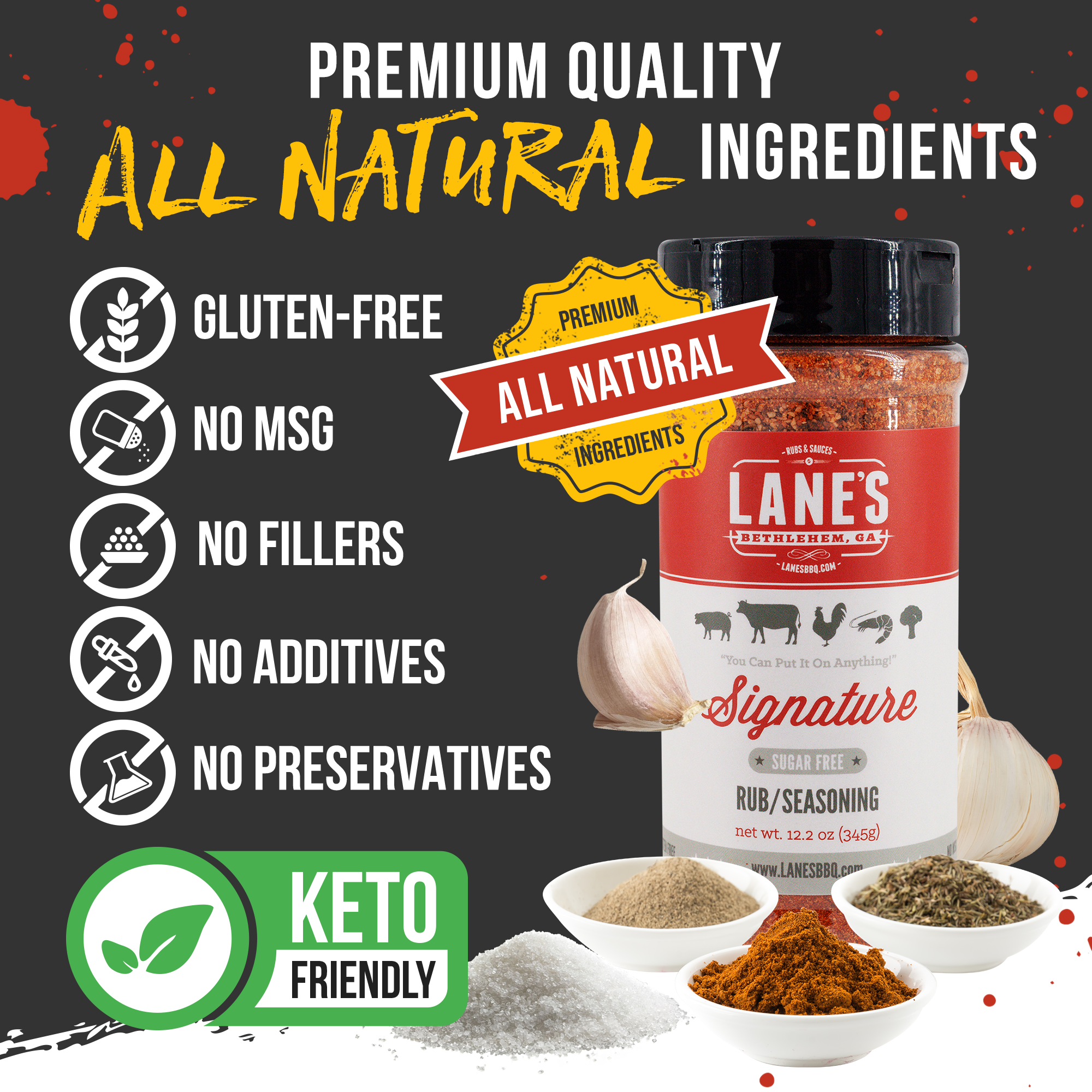 Lane's seasoning jar with health benefits and ingredients listed on a black background
