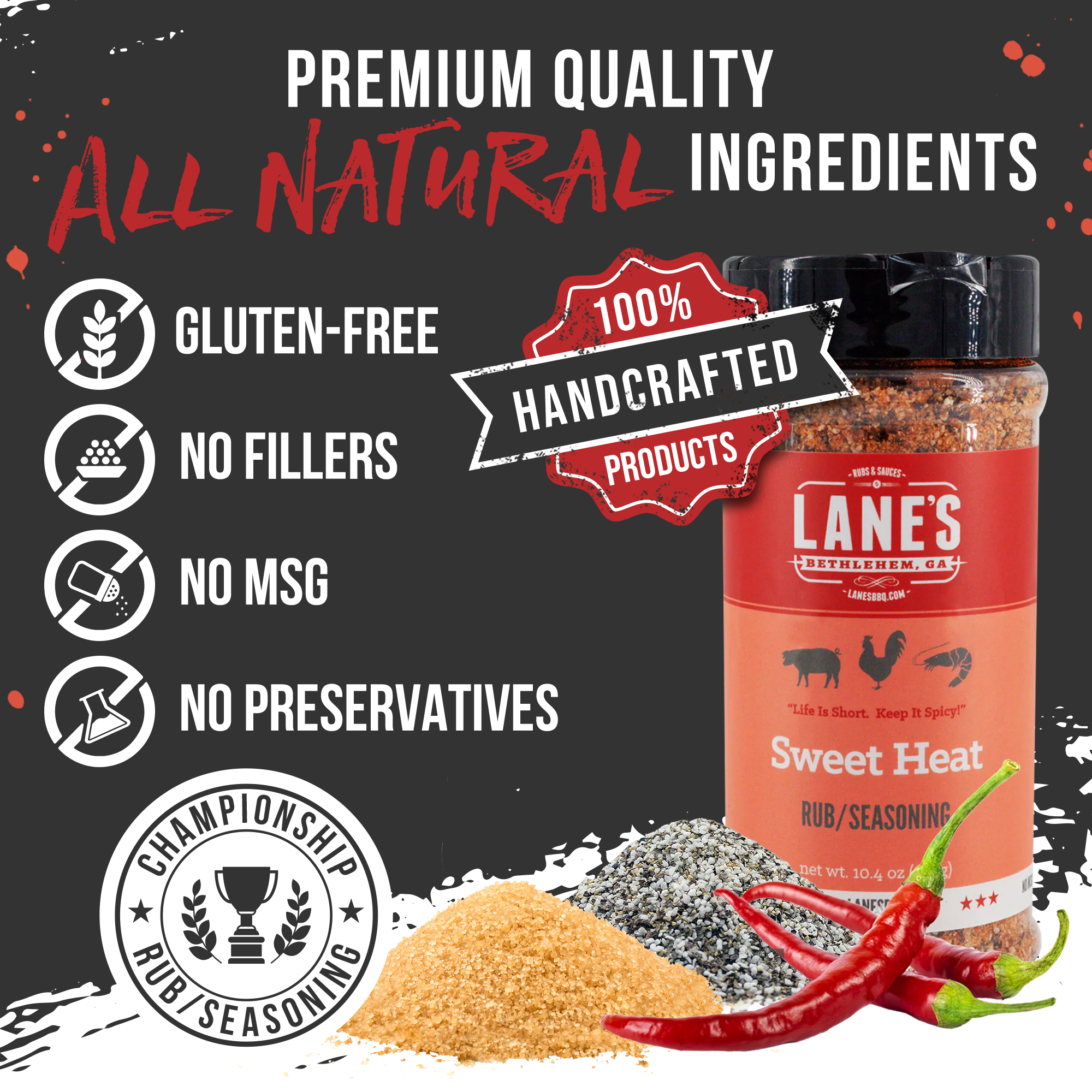Lane's Sweet Heat seasoning bottle with product details on a black background