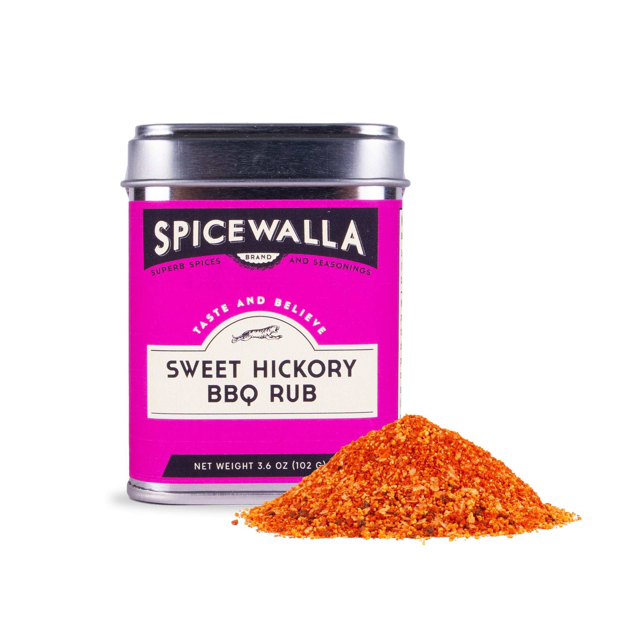 Spicewalla Sweet Hickory BBQ Rub can with spilled rub on a white background