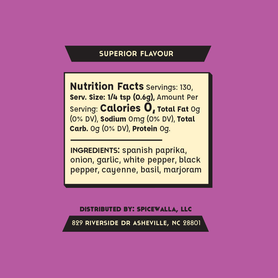 Nutrition facts label for a spice mix on a purple background with Spicealla branding.